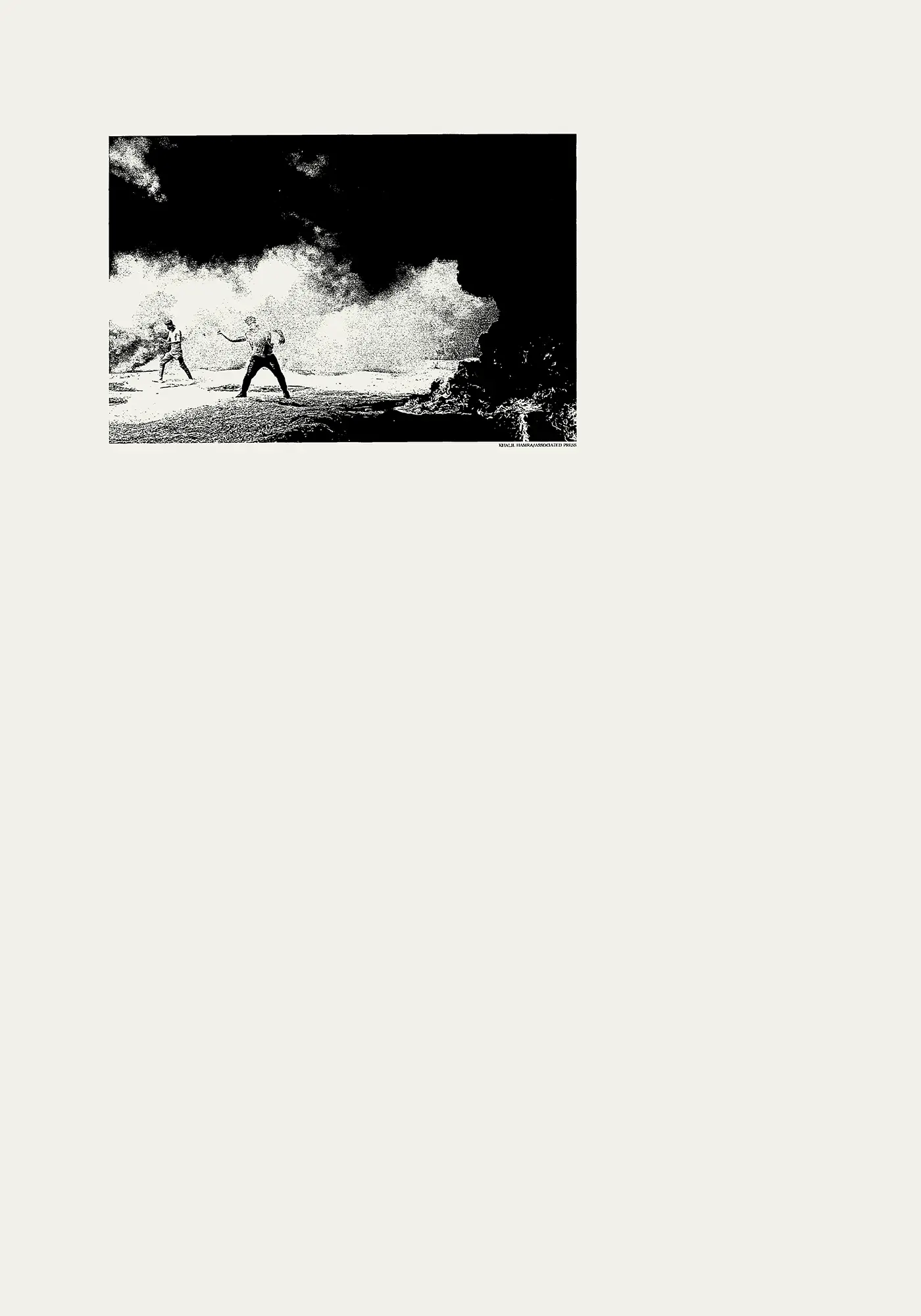 Portfolio Archive from graphic designer Laura Jouan, 2015-present. "Two people standing on a stone bridge with thick smoke or mist rising in the background."