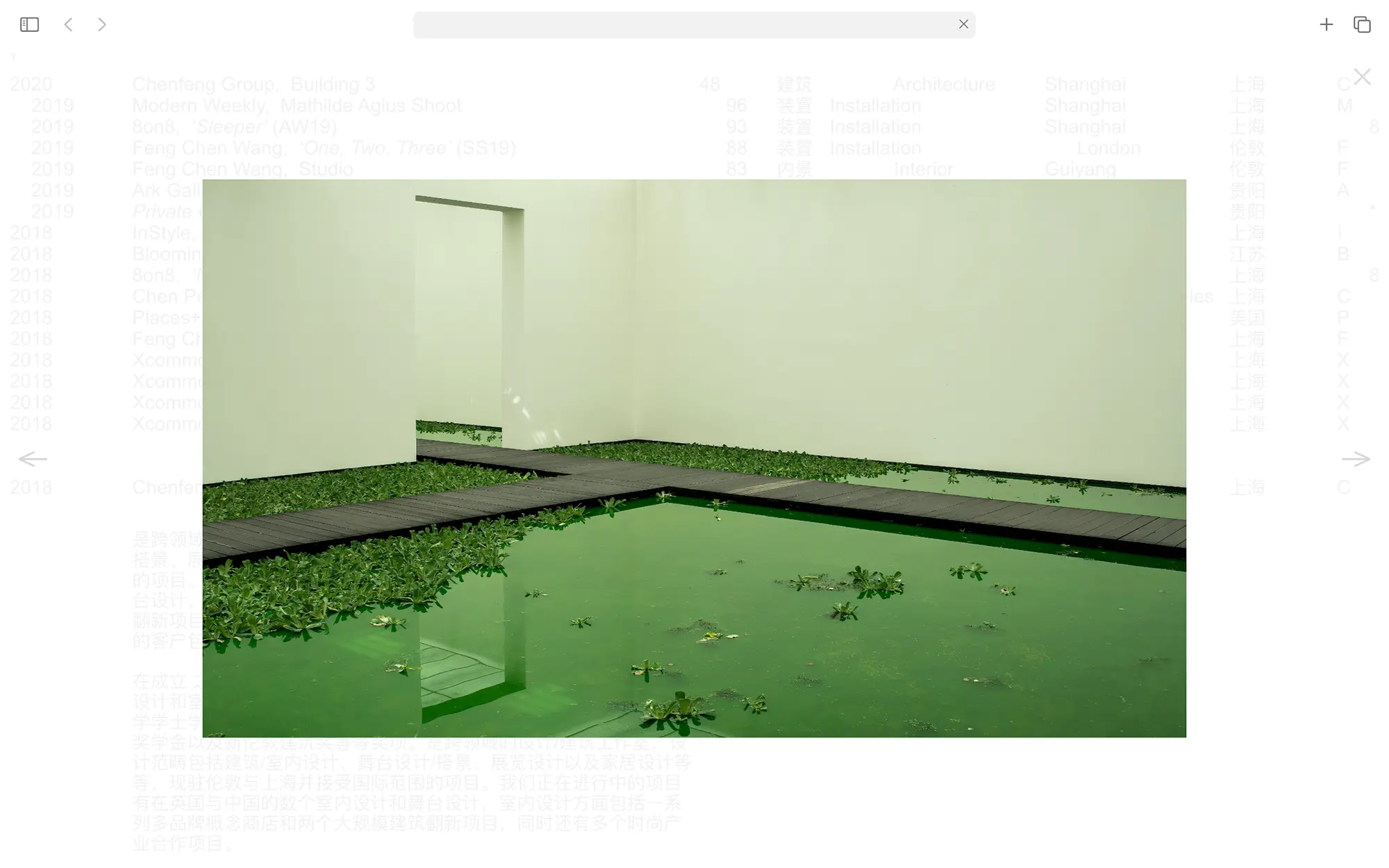 Portfolio Archive from graphic designer Laura Jouan, 2015-present. "Minimalist courtyard with a green water pond, floating plants, and dark wooden boardwalks forming a cross path, bordered by pale green walls."