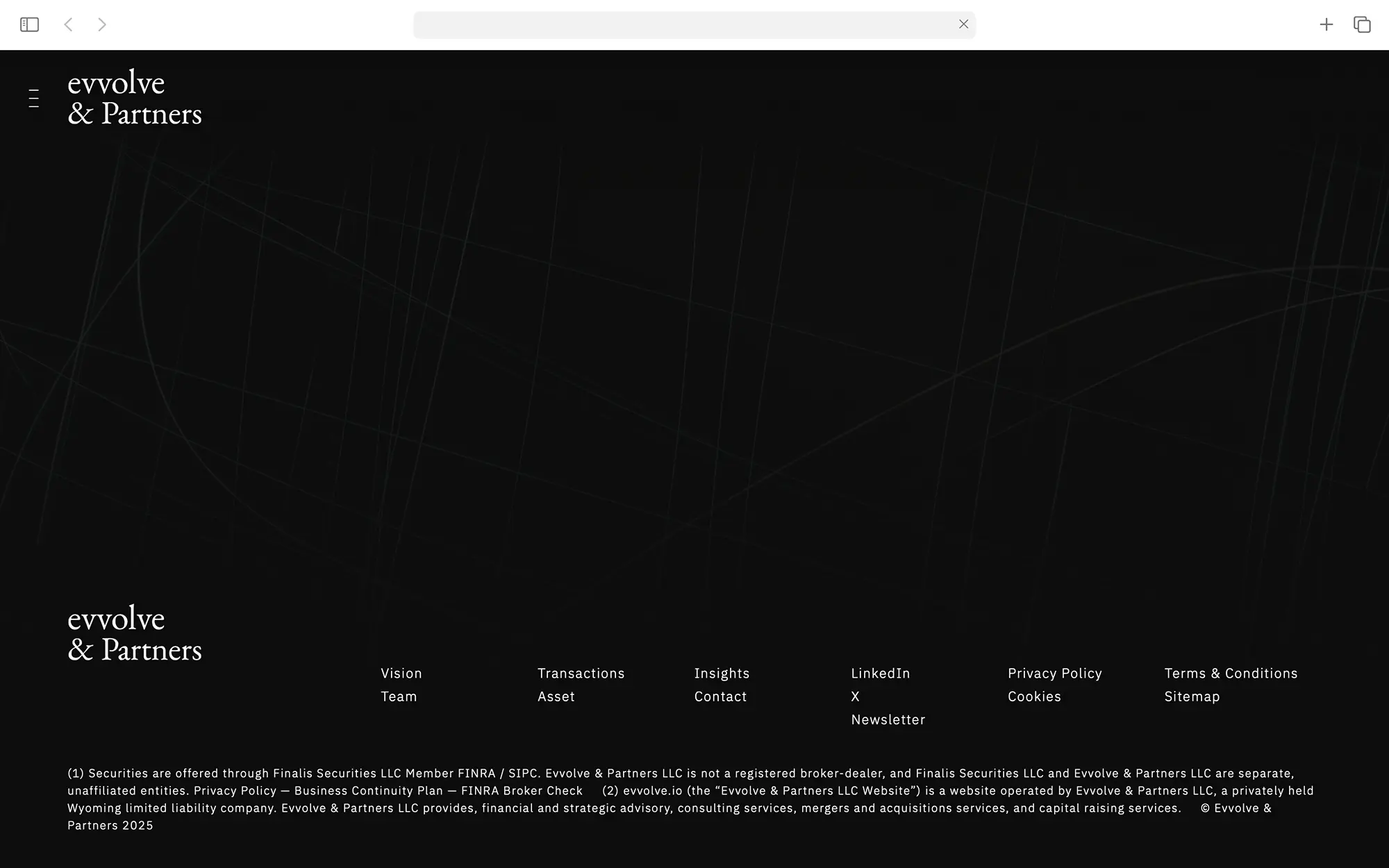 Portfolio Archive from graphic designer Laura Jouan, 2015-present. "Website footer of Evvolve & Partners with navigation links for Vision, Team, Transactions, Asset, Insights, Contact, LinkedIn, X, Newsletter, Privacy Policy, Cookies, Terms & Conditions, and Sitemap on a dark background."
