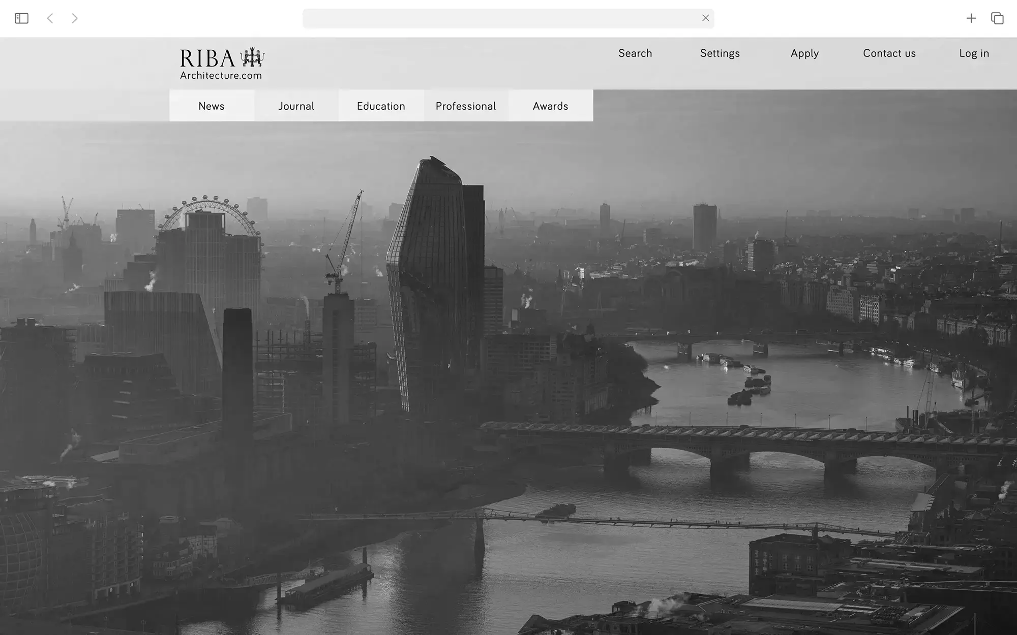 Portfolio Archive from graphic designer Laura Jouan, 2015-present. "Black and white aerial view of the London skyline featuring the River Thames with multiple bridges and iconic buildings including the London Eye and modern skyscrapers."