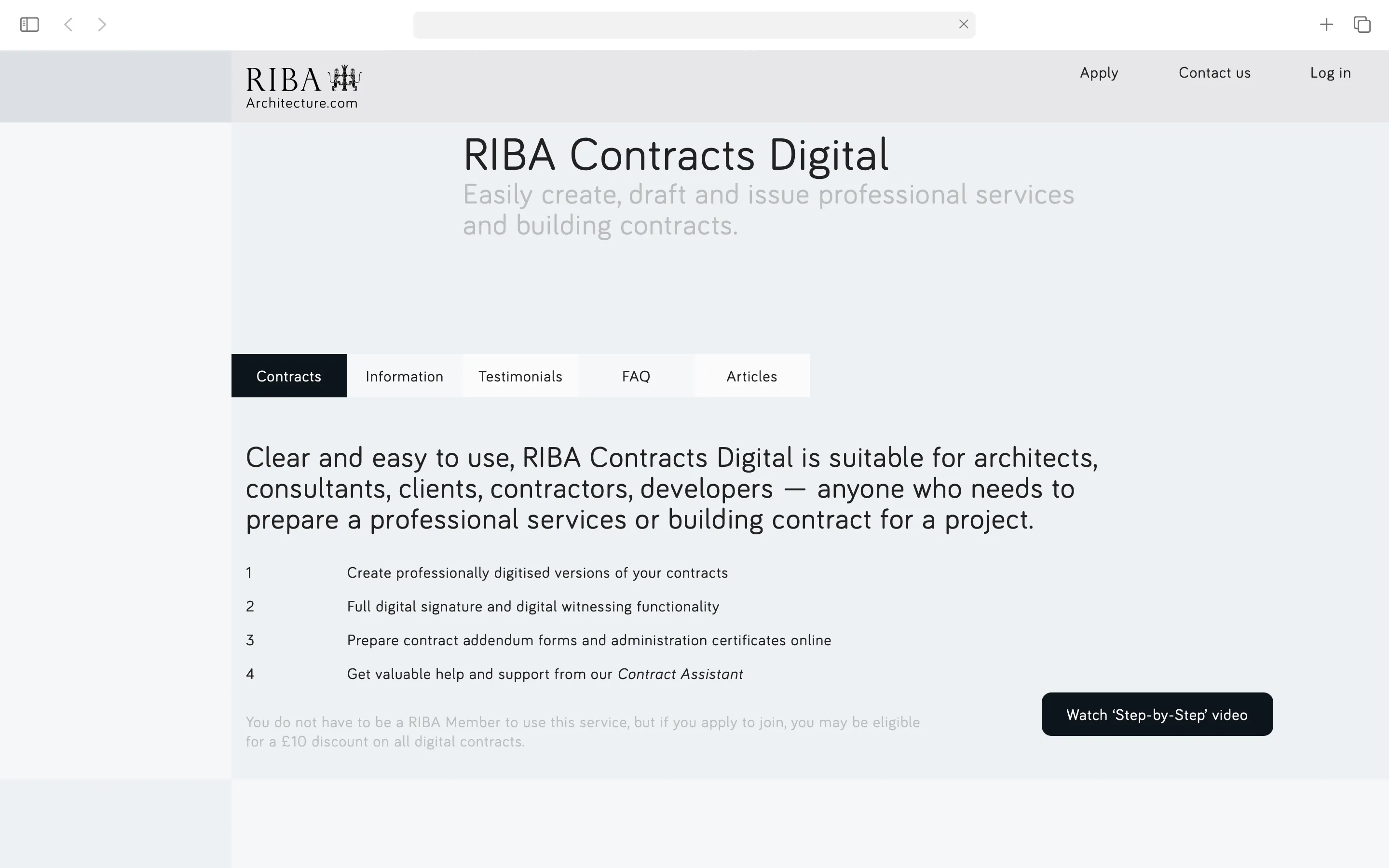 Webpage for RIBA Contracts Digital offering a service to create, draft, and issue professional building contracts, with navigation tabs and a list of key features.