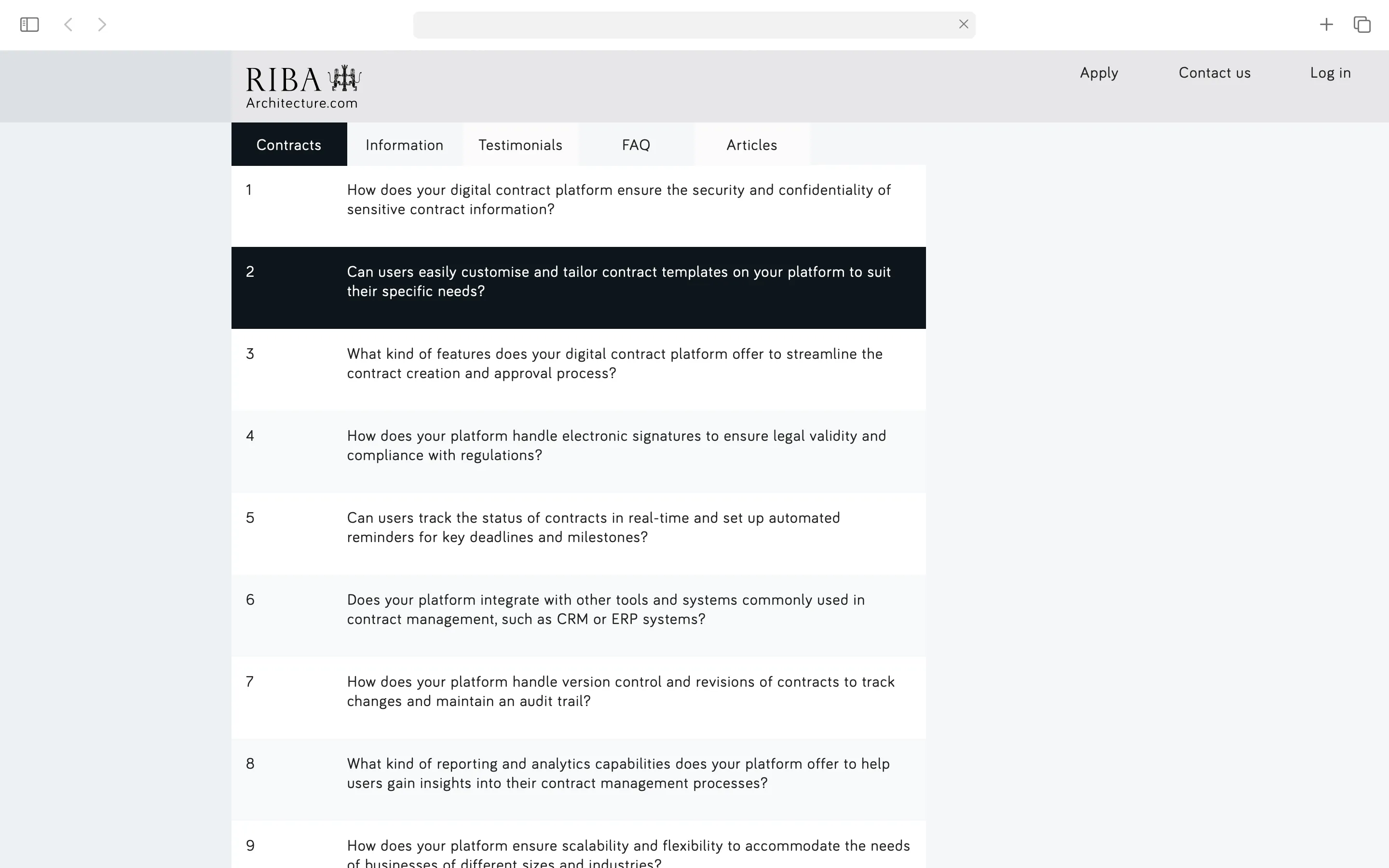 Webpage section of RIBA Architecture.com showing a FAQ with contract-related questions, with the second question highlighted in dark background.