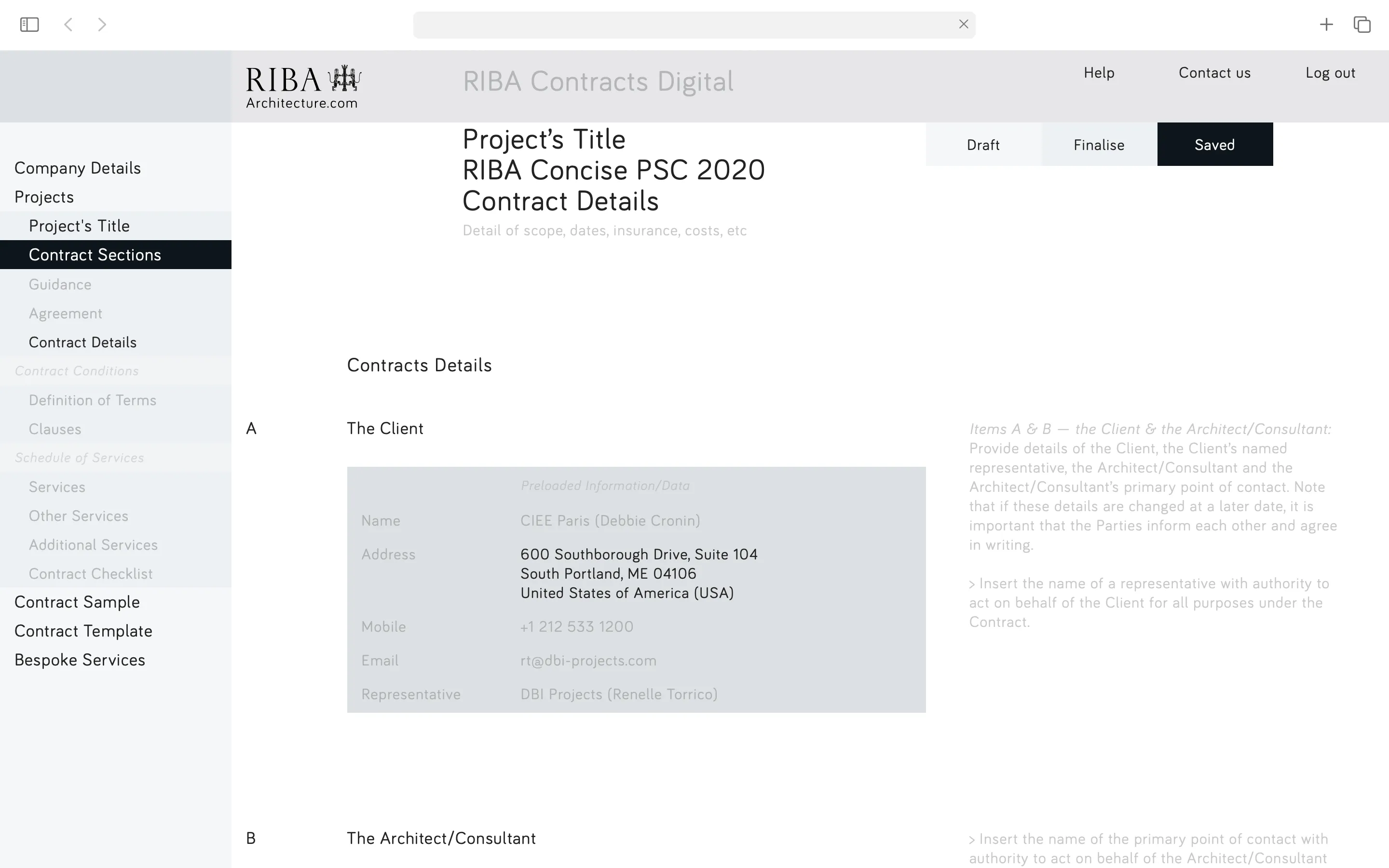 RIBA Contracts Digital interface showing contract details for project titled 'RIBA Concise PSC 2020' with client information including address at 600 Southborough Drive, Suite 104, South Portland, ME 04106, USA.
