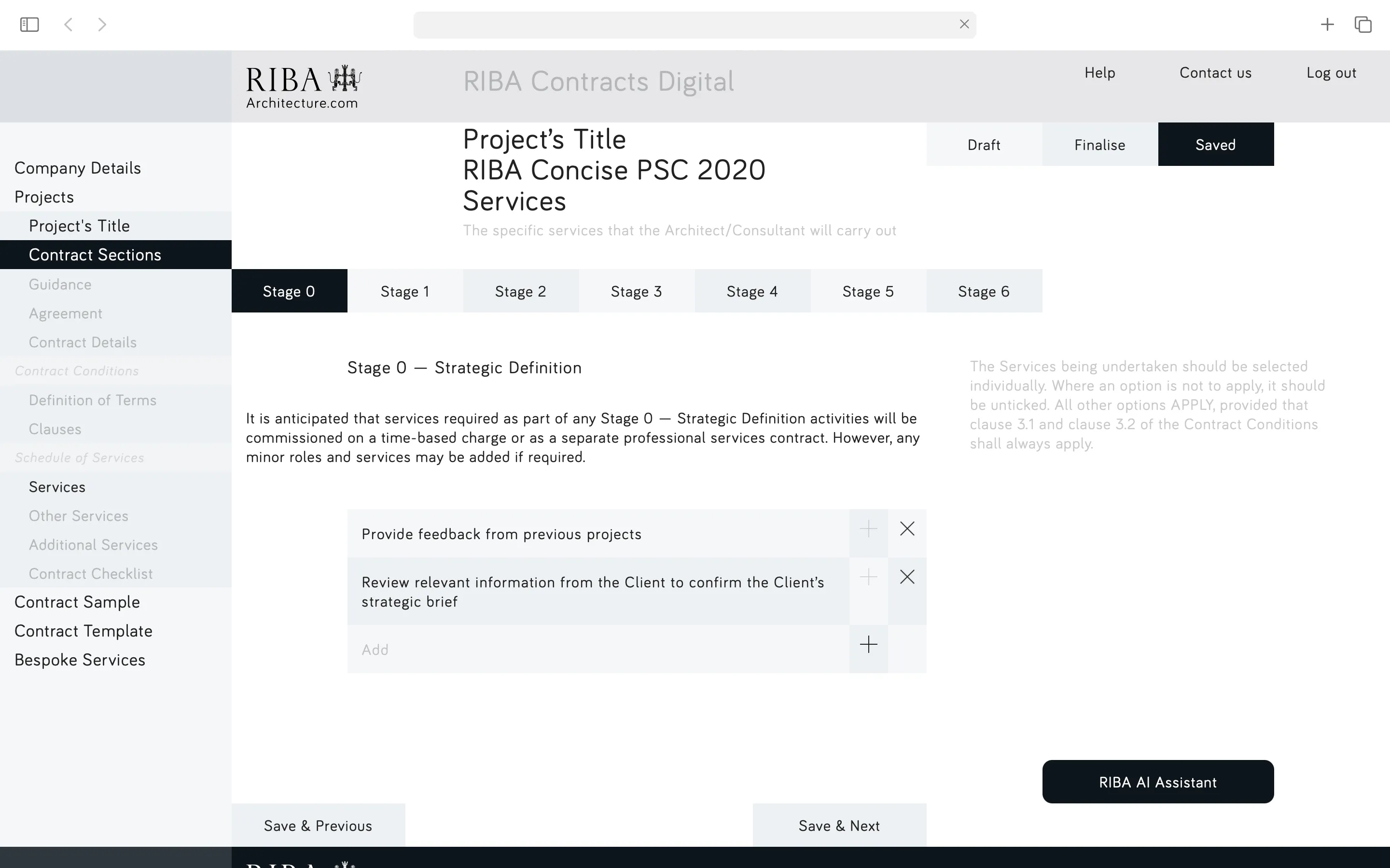 RIBA Contracts Digital interface showing Project Title 'RIBA Concise PSC 2020 Services' with navigation tabs for contract stages and a list of strategic definition services including feedback and client brief review options.