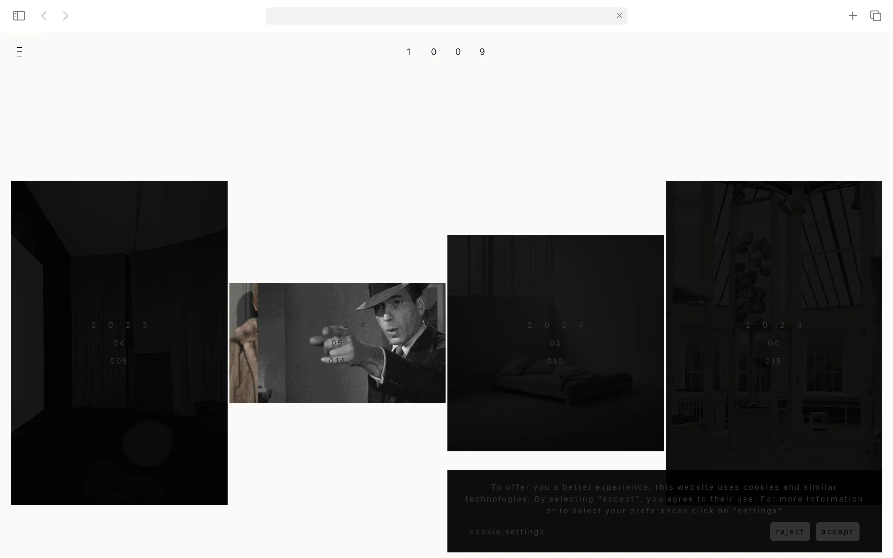 Website layout with black-and-white photos including a man pointing a gun and minimalist interior scenes, featuring a cookie consent banner.
Branding & Website Development — Visual identity, art direction, editorial, portfolio, social and website (design & programming) for the architecture & design studio, 1009, based in London. www.10-09.com — designed by Laura Jouan, 2024