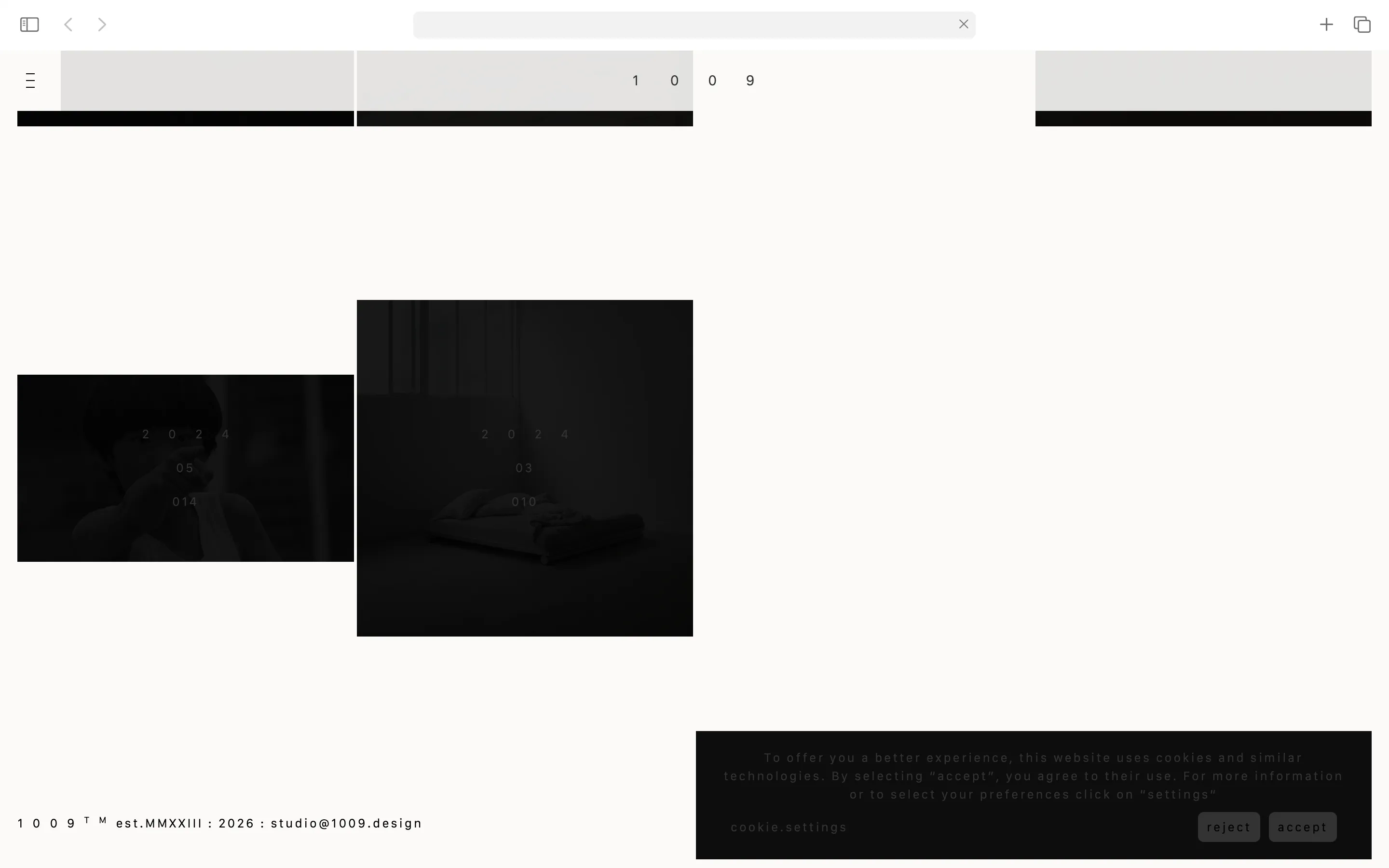 Dark minimalist webpage showing two black-and-white images side by side with minimal text and a cookie consent banner at the bottom.
Branding & Website Development — Visual identity, art direction, editorial, portfolio, social and website (design & programming) for the architecture & design studio, 1009, based in London. www.10-09.com — designed by Laura Jouan, 2024