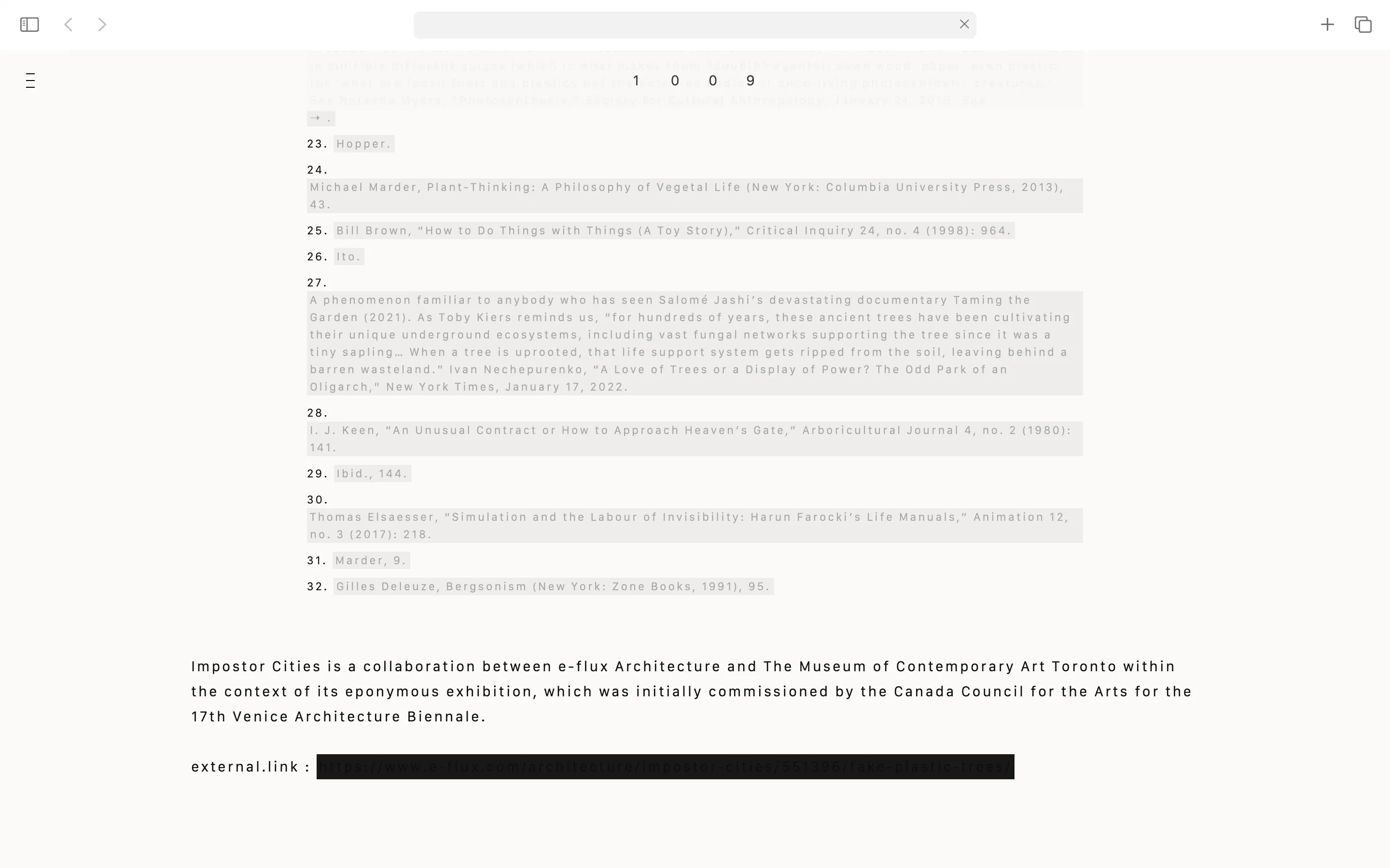Screenshot of a web page displaying scholarly citations and a brief description of 'Impostor Cities,' a collaboration between e-flux Architecture and The Museum of Contemporary Art Toronto for the 17th Venice Architecture Biennale.
Branding & Website Development — Visual identity, art direction, editorial, portfolio, social and website (design & programming) for the architecture & design studio, 1009, based in London. www.10-09.com — designed by Laura Jouan, 2024