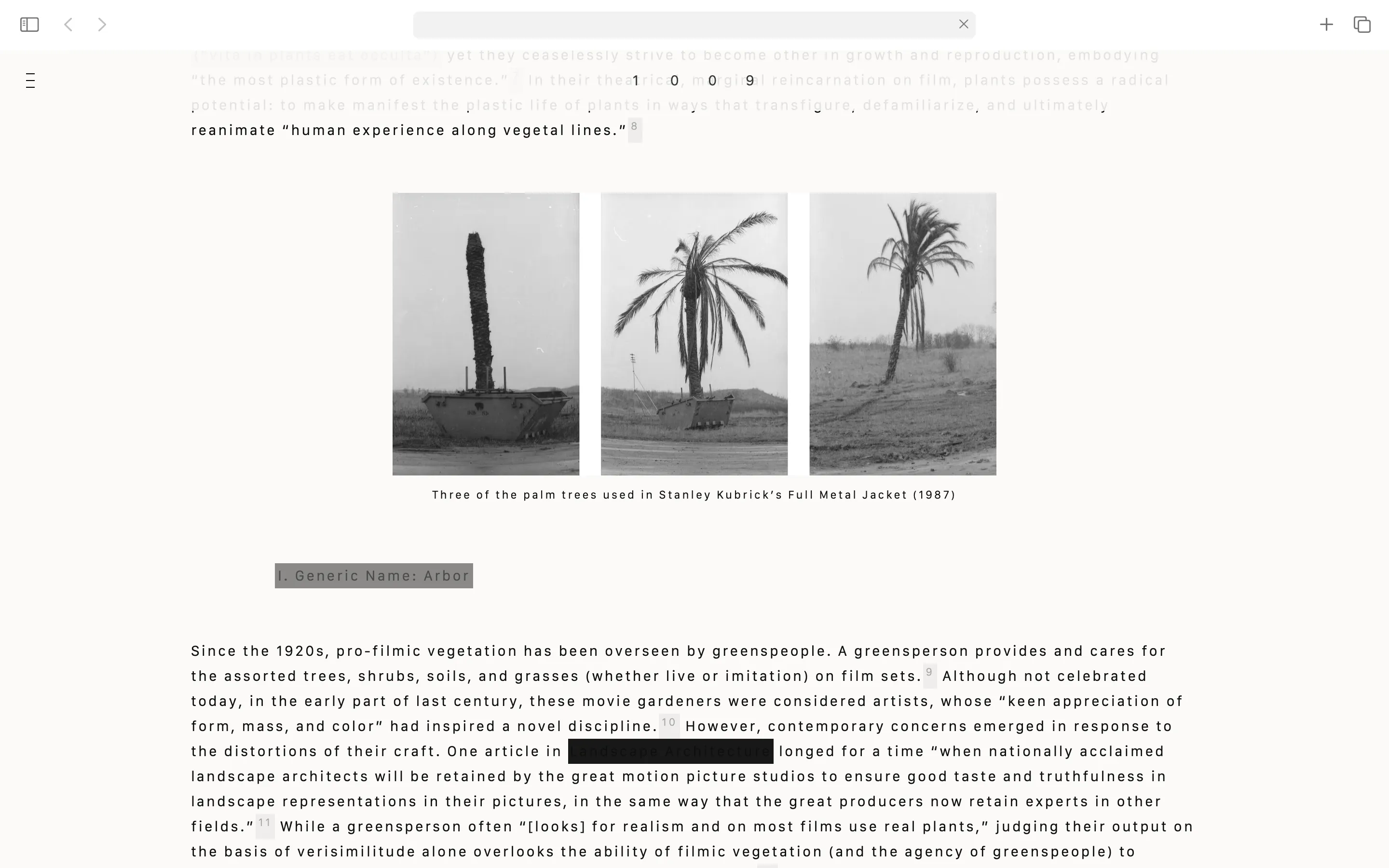 Three black-and-white photographs showing the growth stages of a palm tree used in Stanley Kubrick's Full Metal Jacket (1987), from a trimmed trunk in a planter to a full tree in soil.
Branding & Website Development — Visual identity, art direction, editorial, portfolio, social and website (design & programming) for the architecture & design studio, 1009, based in London. www.10-09.com — designed by Laura Jouan, 2024