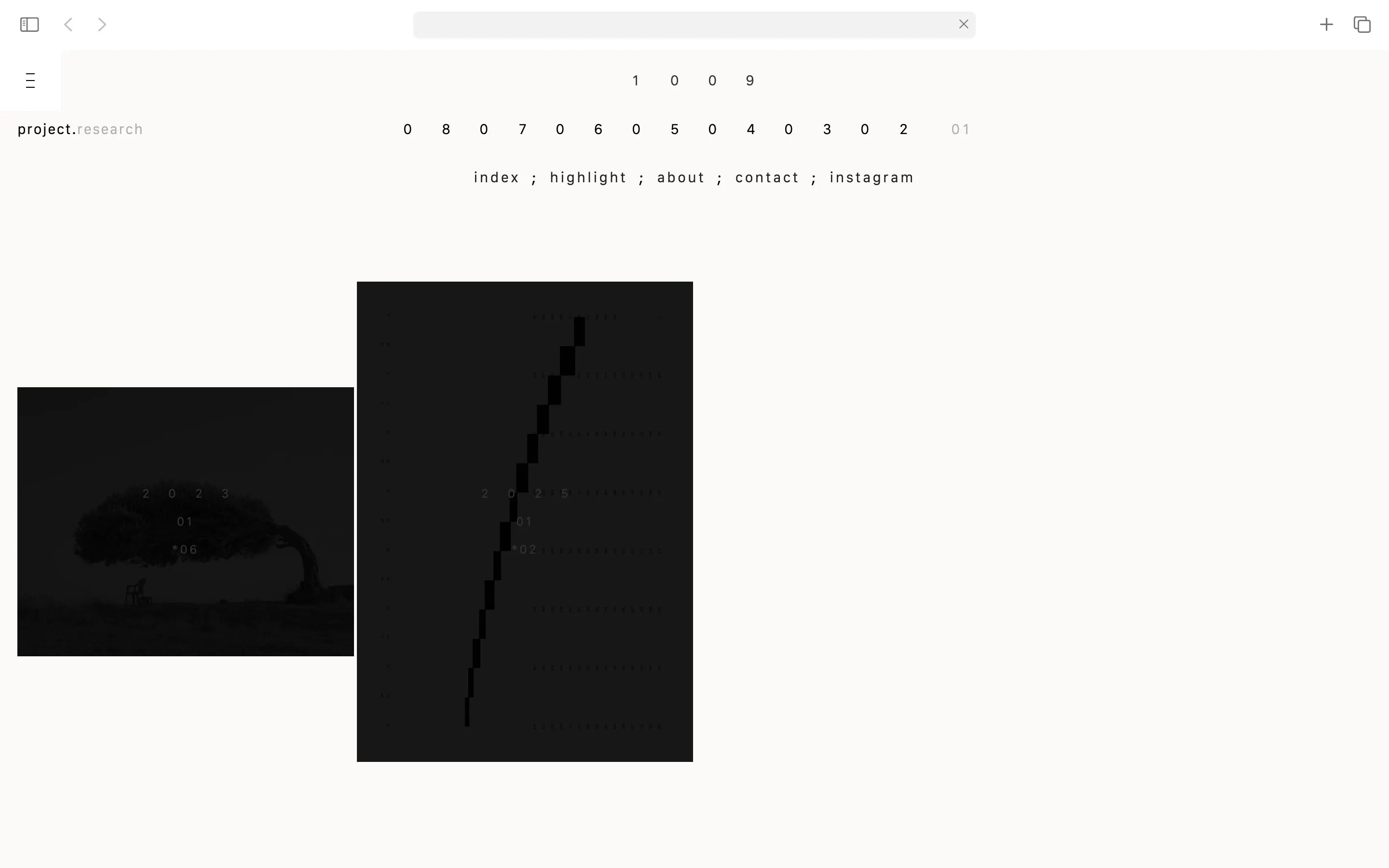 Minimalist webpage design with a search bar, navigation links, and two black and white images, one of a lone tree and chair and the other a pixelated chart.
Branding & Website Development — Visual identity, art direction, editorial, portfolio, social and website (design & programming) for the architecture & design studio, 1009, based in London. www.10-09.com — designed by Laura Jouan, 2024