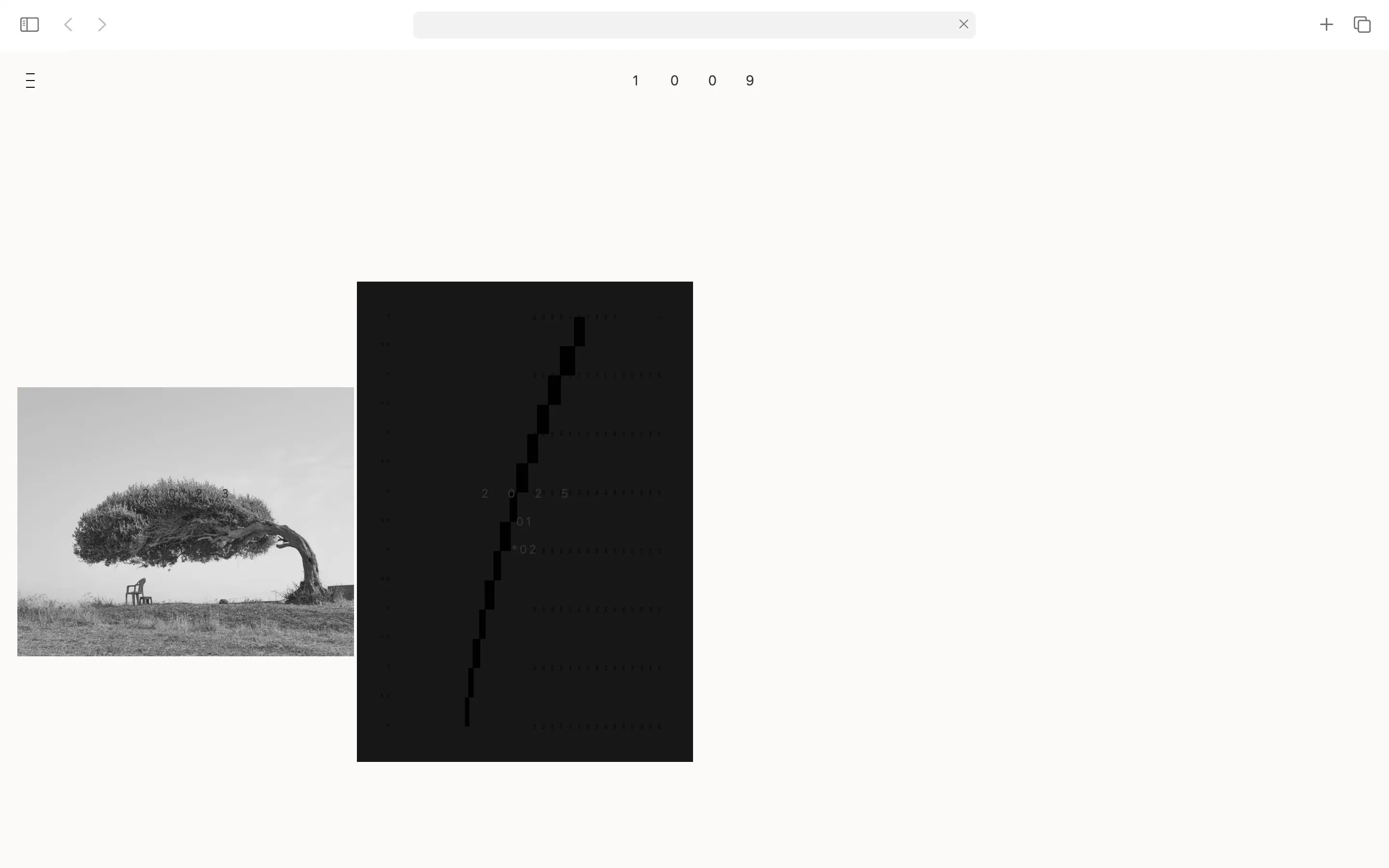 Black and white photo of a wind-sculpted tree bending heavily to the right with a chair beneath it on a grassy field.
Branding & Website Development — Visual identity, art direction, editorial, portfolio, social and website (design & programming) for the architecture & design studio, 1009, based in London. www.10-09.com — designed by Laura Jouan, 2024