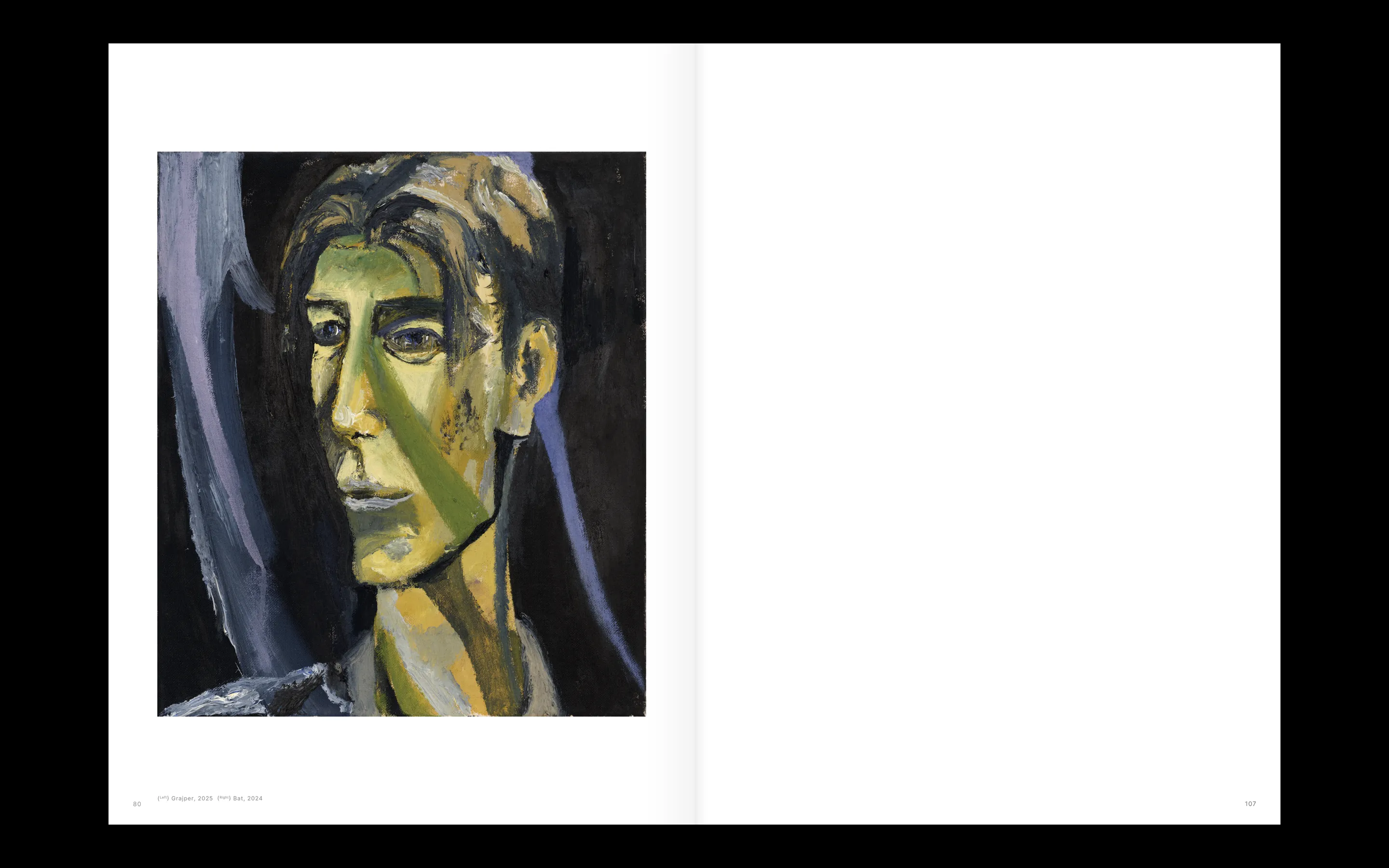 Abstract portrait painting of a person with green and yellow tones on a dark background, displayed on the left page of an open book.
Editorial — Art direction, editorial, bookbinding (yellow bookcase) and prototyping for the artist book 'Empiria: Konrad Zukowski' published by Pamoja Press, Poland. This book is combining the paintings of Konrad Zukowski and the photographs of Robert Denburg Tenenbaum.
— designed by Laura Jouan, 2025