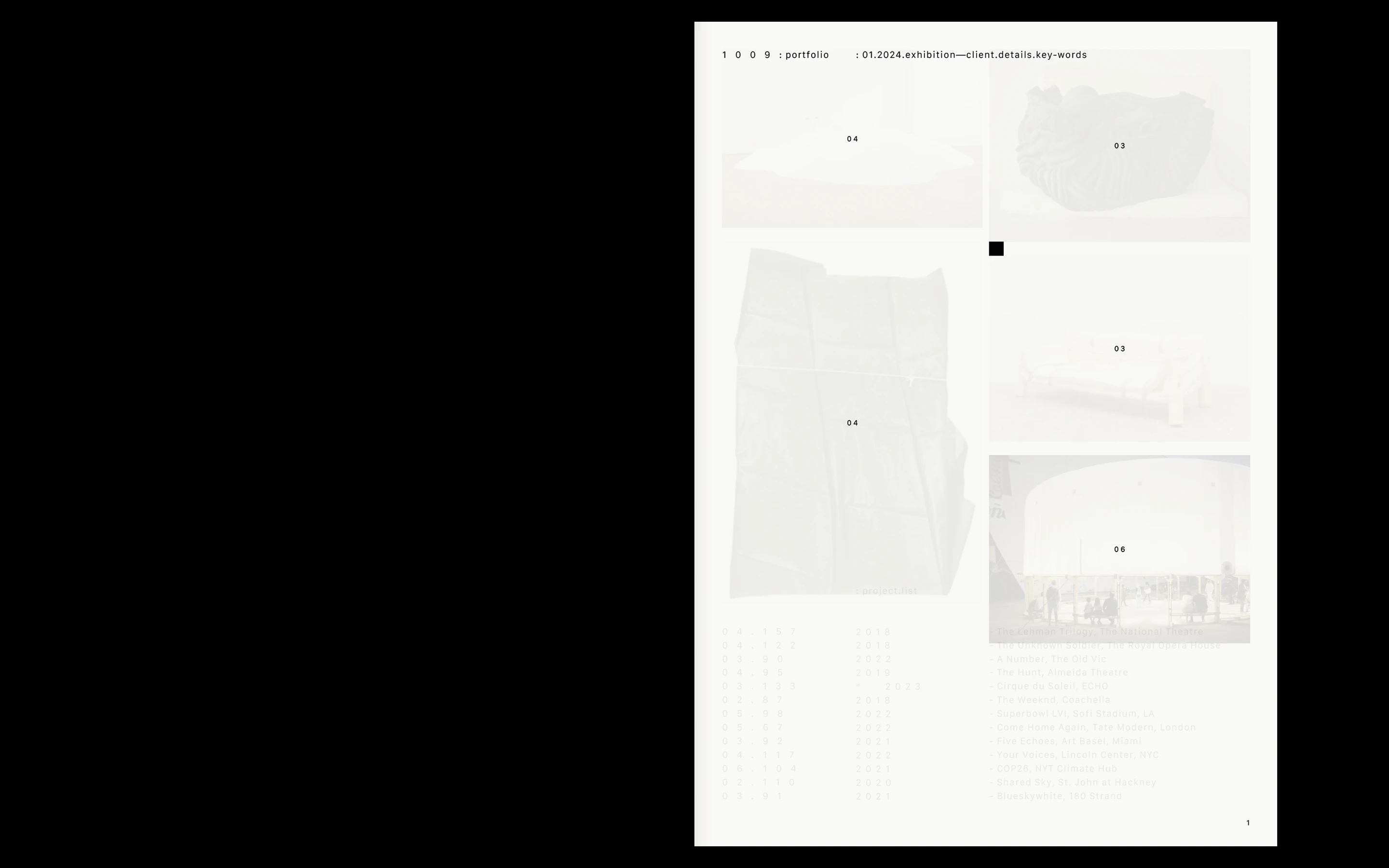 Page from a portfolio showing five images labeled with numbers, including abstract objects and a group of people in a room, alongside text listings of exhibitions and years.
Branding & Website Development — Visual identity, art direction, editorial, portfolio, social and website (design & programming) for the architecture & design studio, 1009, based in London. www.10-09.com
— designed by Laura Jouan, 2024
