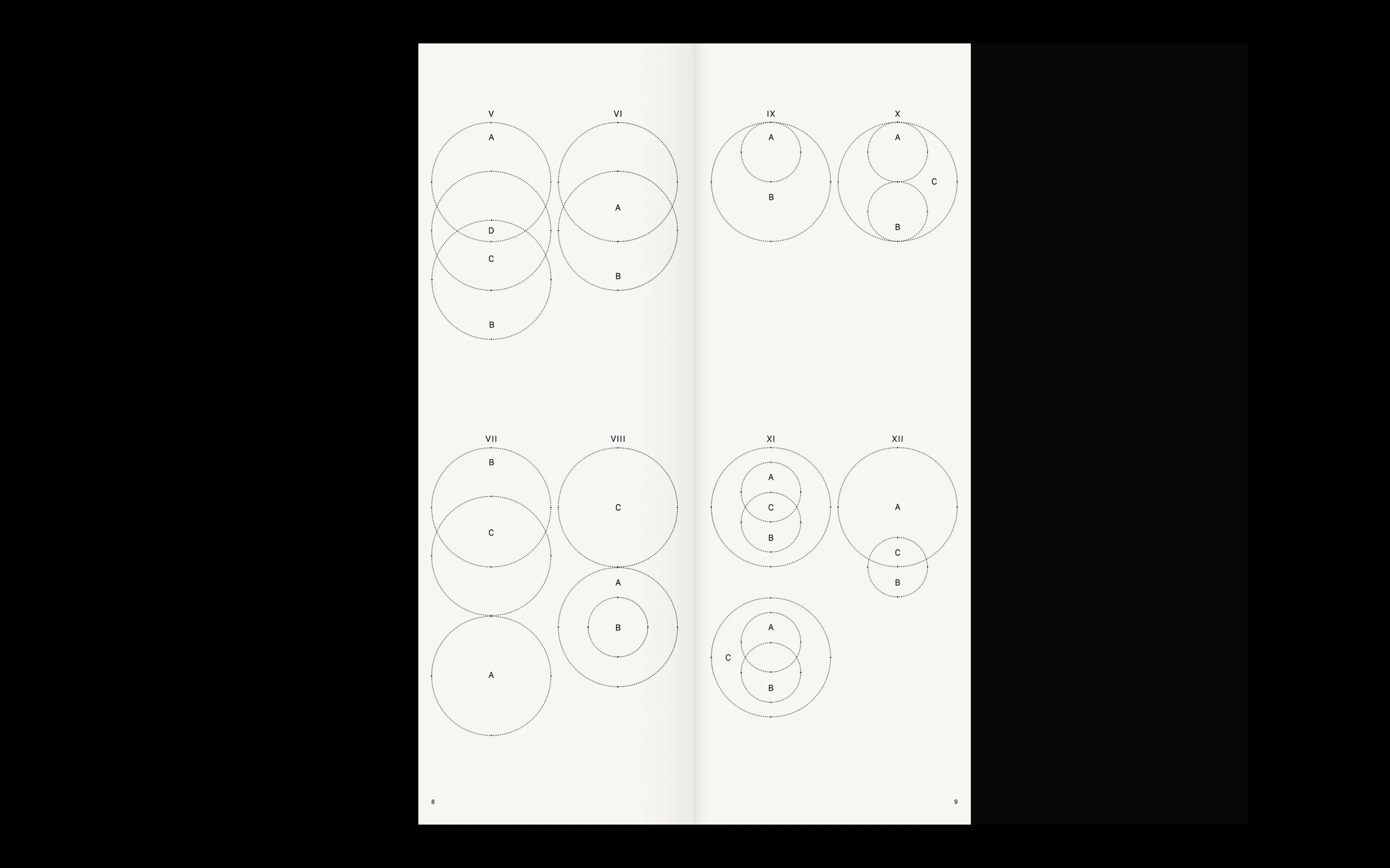 Two-page spread of a book showing multiple sets of labeled overlapping circles arranged in a grid, representing different combinations of categories labeled A, B, C, and D.
Branding & Website Development — Visual identity, art direction, editorial, portfolio, social and website (design & programming) for the architecture & design studio, 1009, based in London. www.10-09.com
— designed by Laura Jouan, 2024