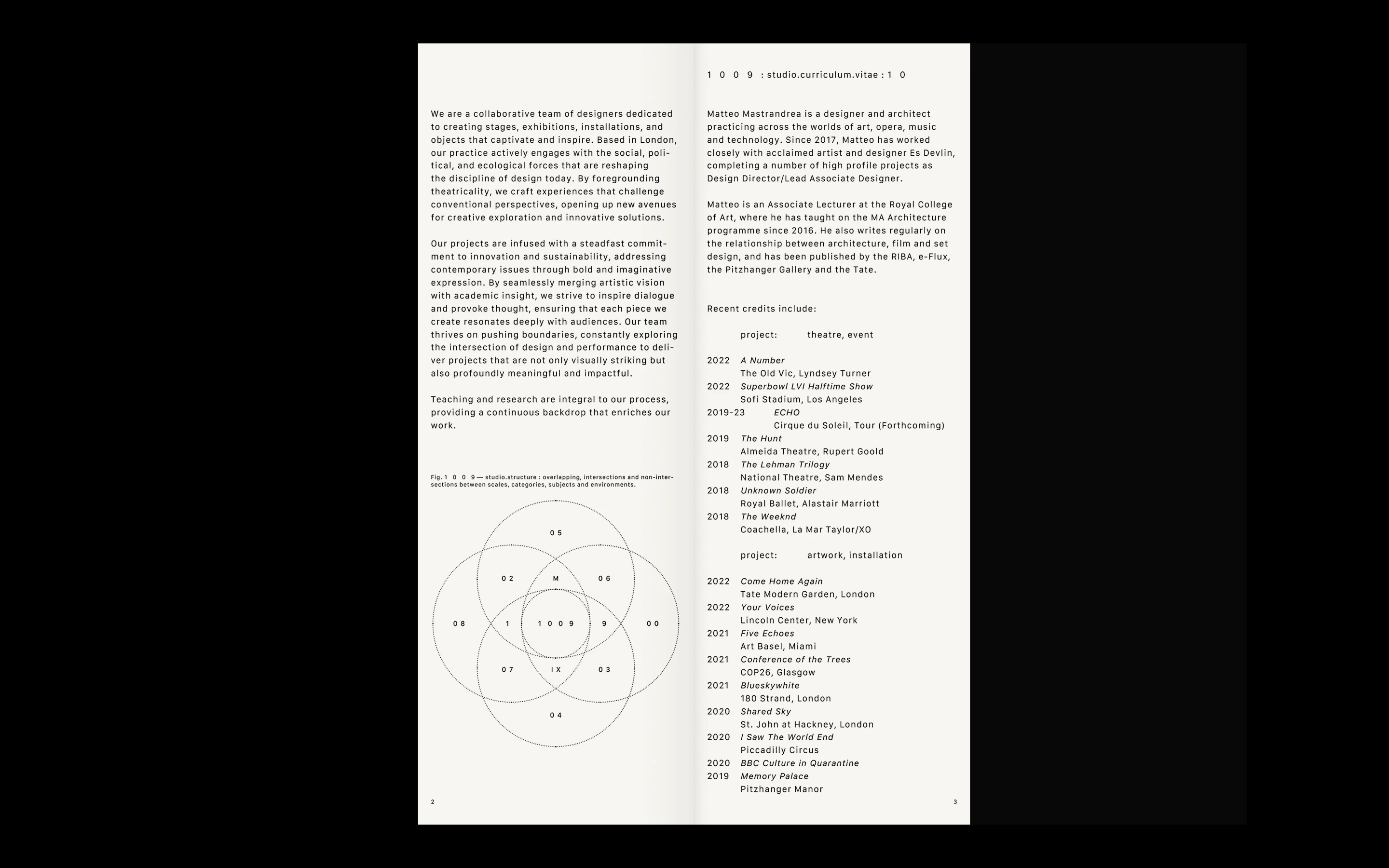 Two-page spread with left page describing a collaborative design team's mission and a Venn diagram of overlapping circles; right page details Matteo Mastrandrea's design career and recent project credits in theatre and artwork.
Branding & Website Development — Visual identity, art direction, editorial, portfolio, social and website (design & programming) for the architecture & design studio, 1009, based in London. www.10-09.com
— designed by Laura Jouan, 2024