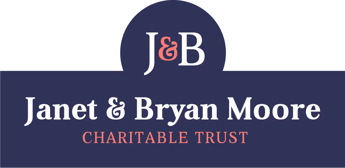 J&B Janet & Bryan Moore Charitable Trust logo with text on a dark blue background.