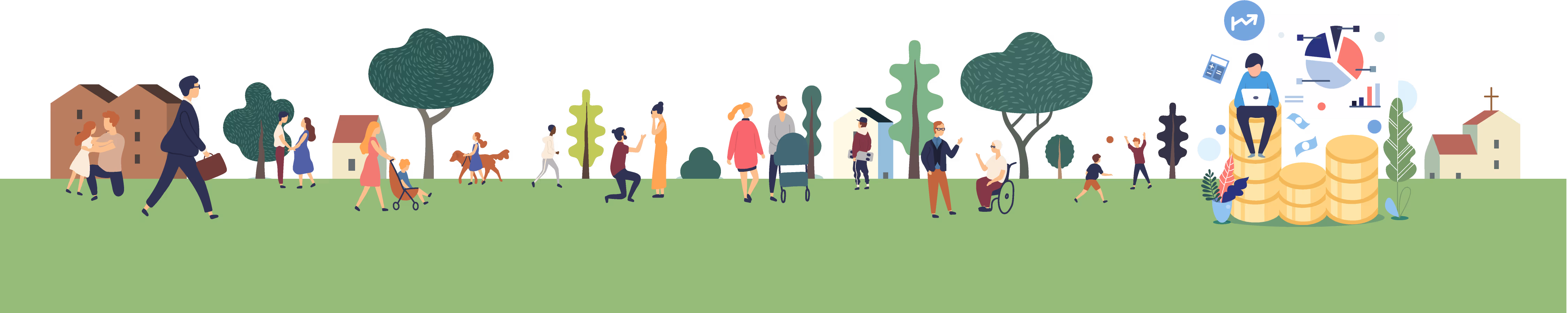 An illustration showing a community of people living life.
