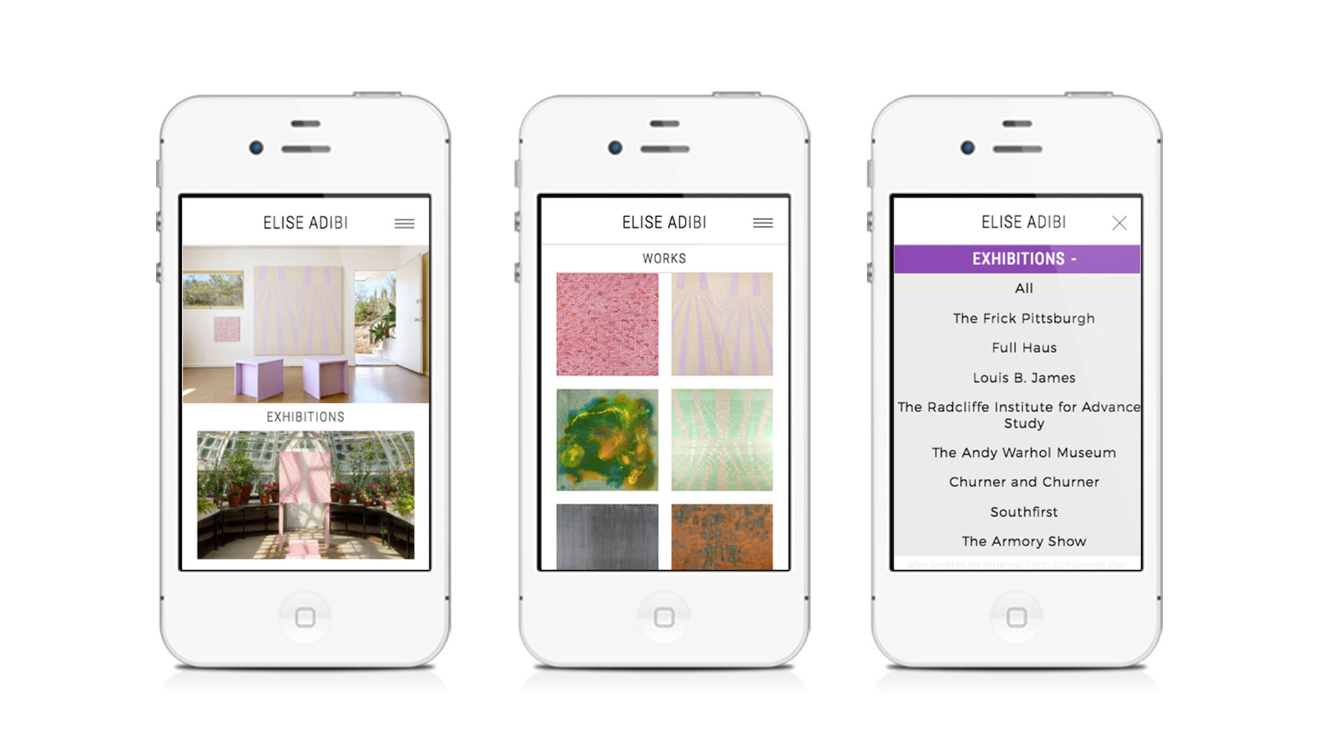 mobile view of home, works, and menu