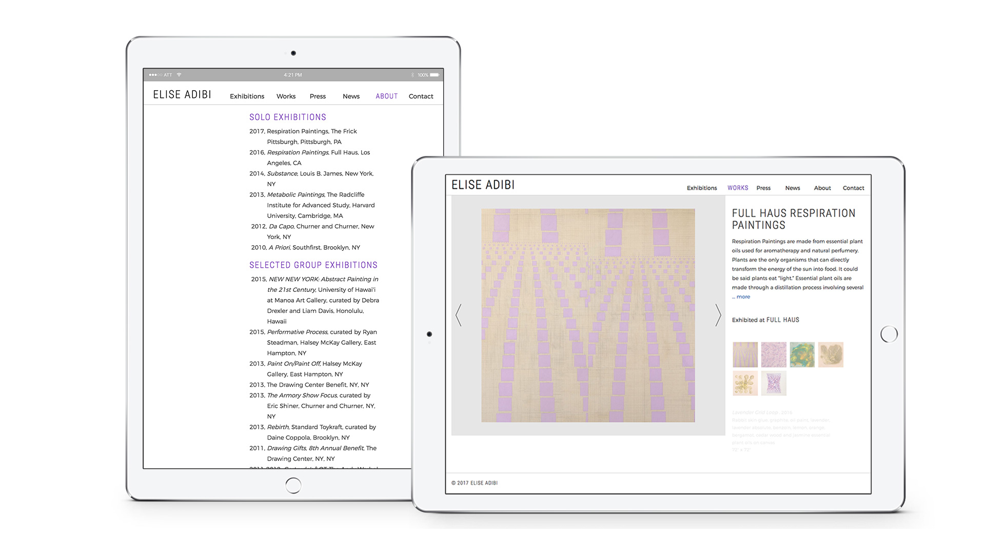 artist's website in tablet view showing work page and list of shows