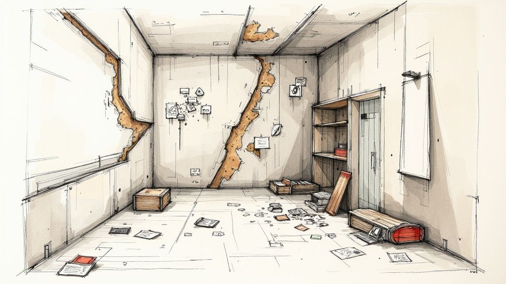 A person solving a complex puzzle in a fantasy dungeon setting.