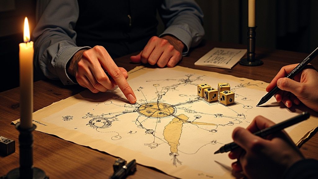 Hunters investigate a mysterious clue in a dimly lit Victorian study.