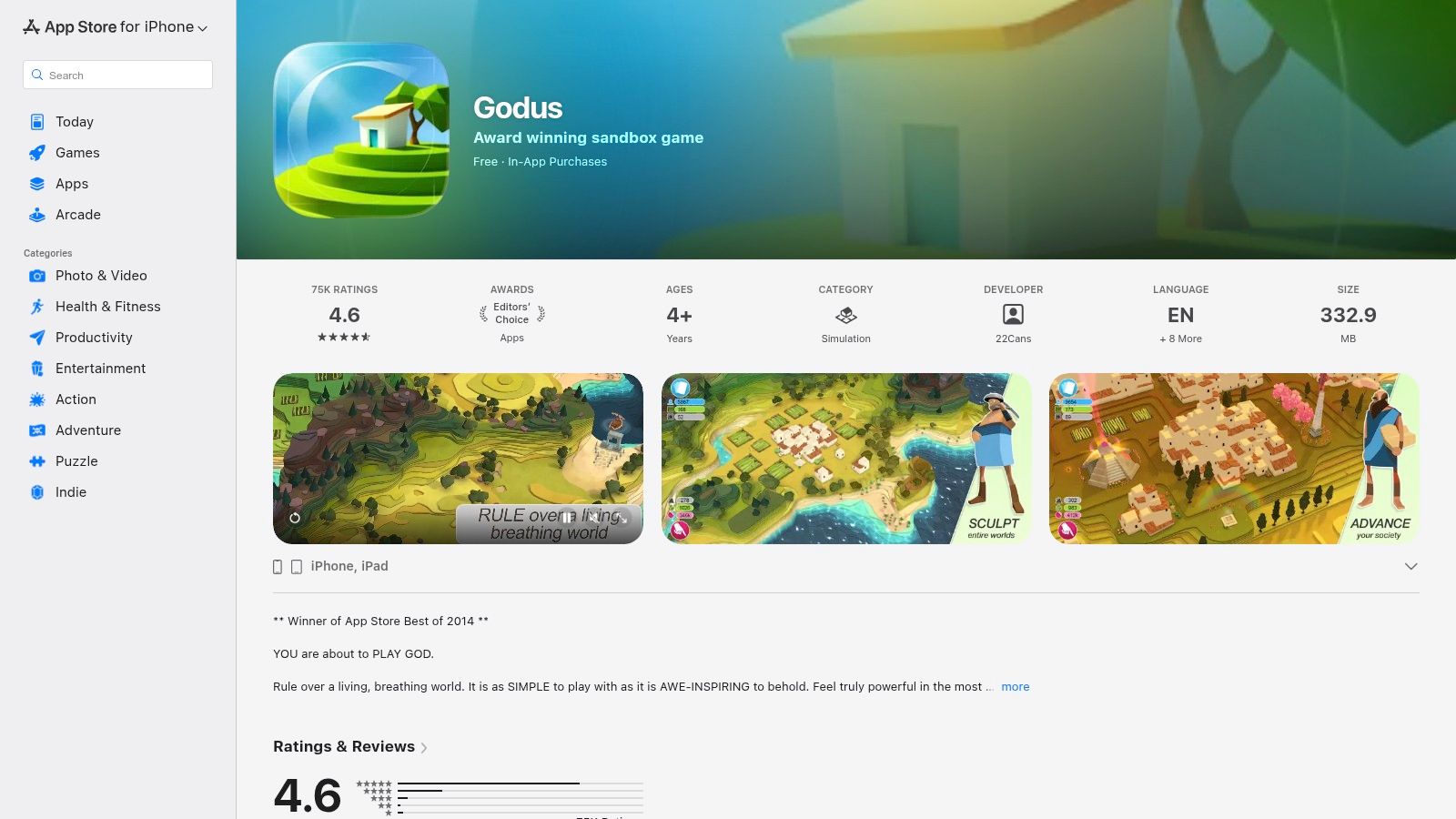 Apple App Store (mobile — Godus)
