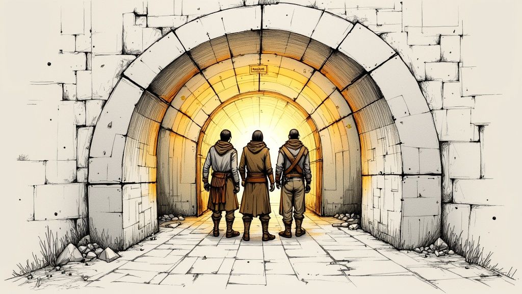 A dark, foreboding dungeon entrance carved into a mountainside, suggesting a perilous journey ahead.