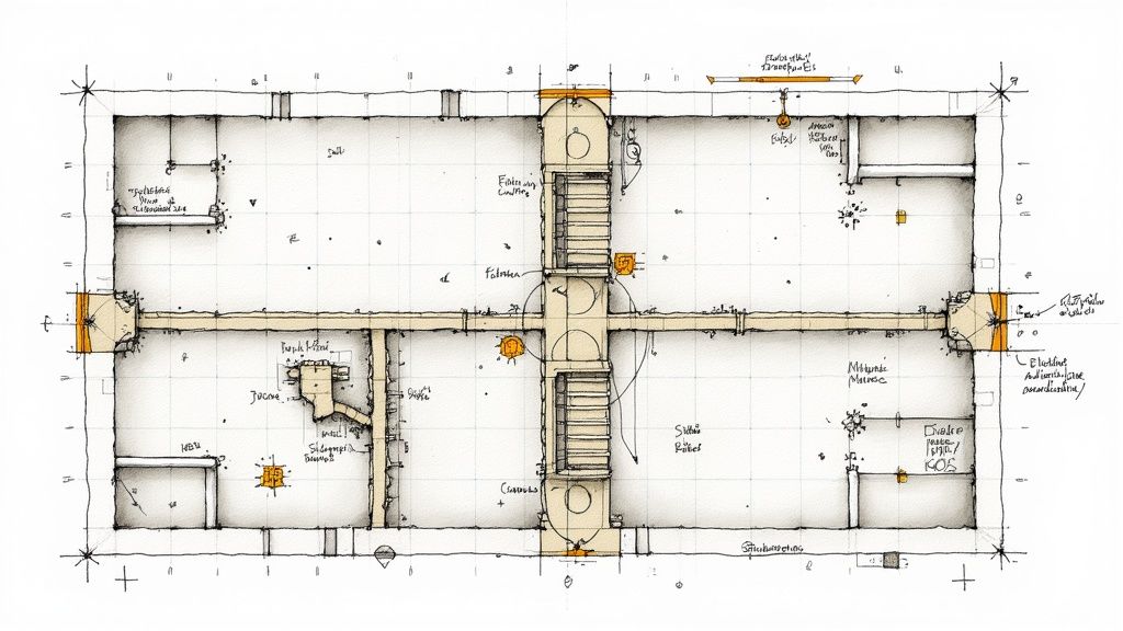 A detailed, hand-drawn map of a fantasy dungeon, showing intricate passages, rooms, and mysterious symbols.