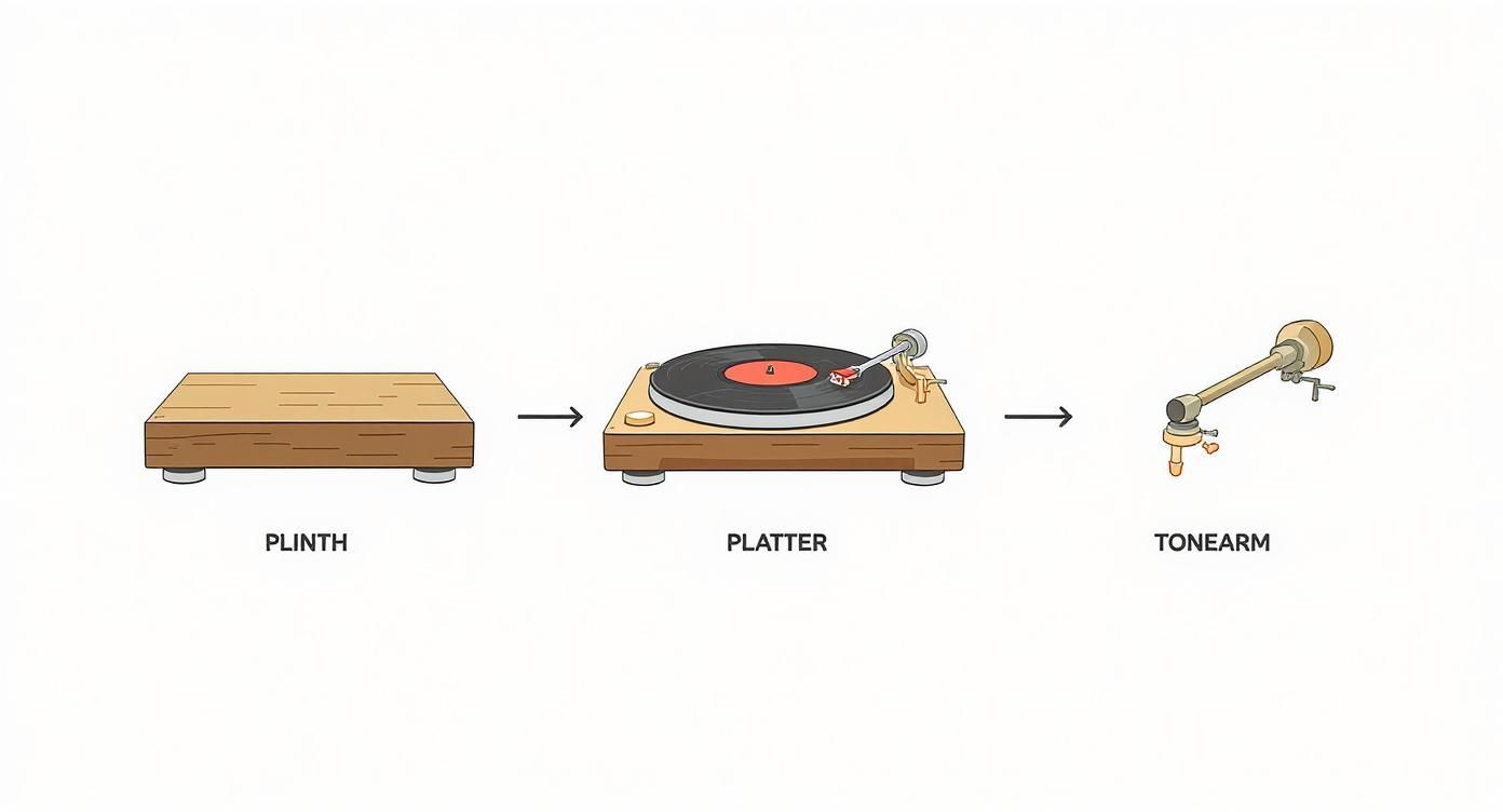 Infographic detailing the process flow of turntable assembly, from the plinth to the platter and finally the tonearm, against a clean white background with wood tones.