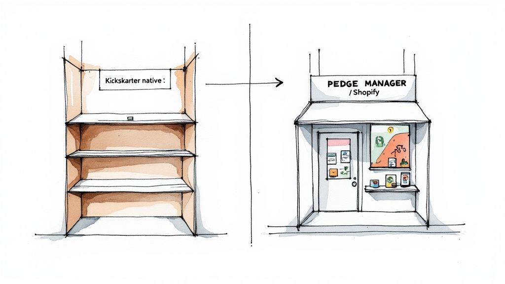 A visual comparison showing Kickstarter's limited survey on one side and PledgeBox's customizable upsell store on the other.
