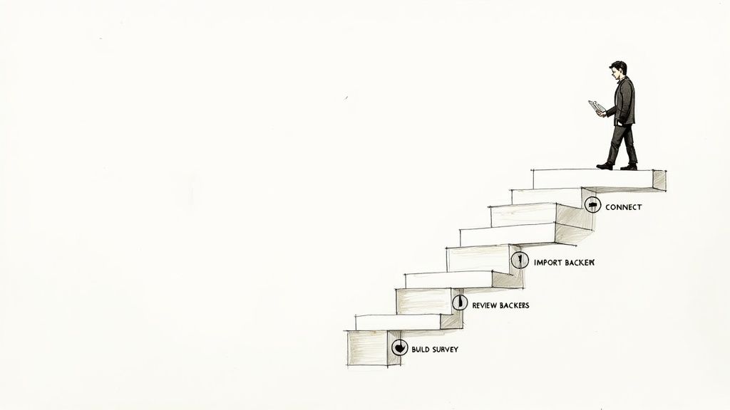 A visual walkthrough showing the five steps of launching a survey with Quick Starter