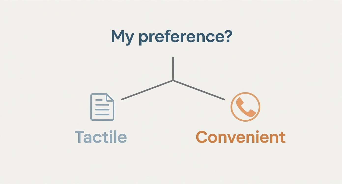 Decision diagram showing preference choice between tactile physical journal and convenient digital phone option