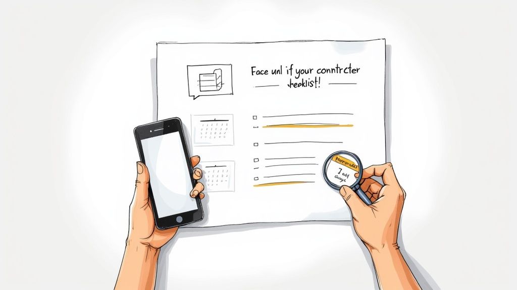 Person holding phone while reviewing checklist document with magnifying glass highlighting important item