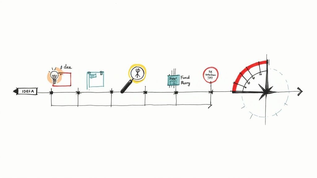 Timeline diagram showing Kickstarter campaign stages from idea generation to funding goal completion with speedometer