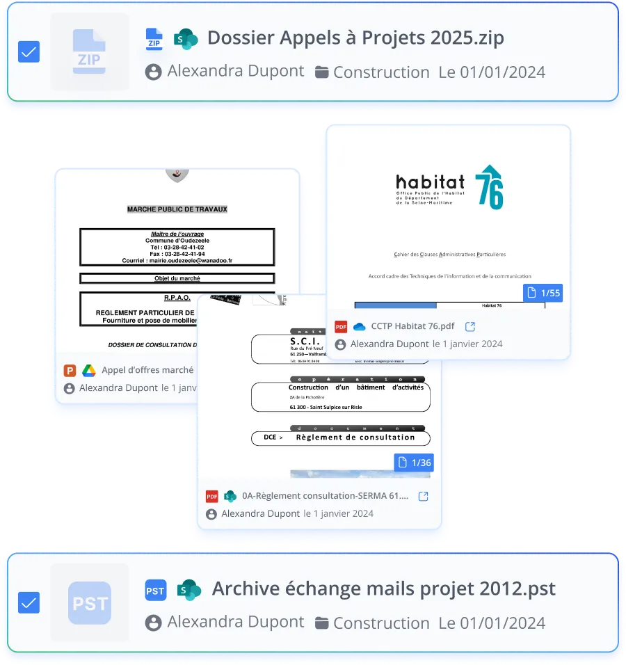 Résultats de recherche Outmind : archives ZIP et PST, appels d'offres et CCTP en PDF retrouvés sur SharePoint et Google Drive