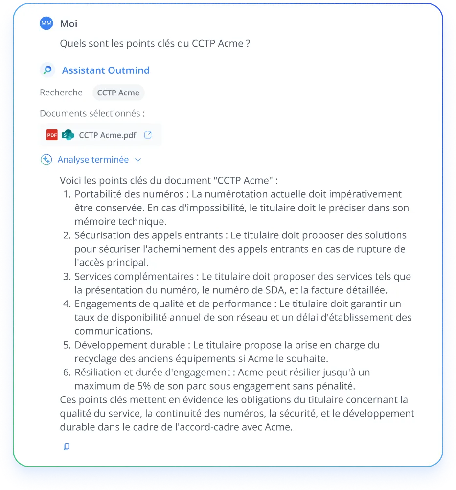 Assistant Outmind : points clés extraits d'un CCTP au format PDF stocké sur SharePoint