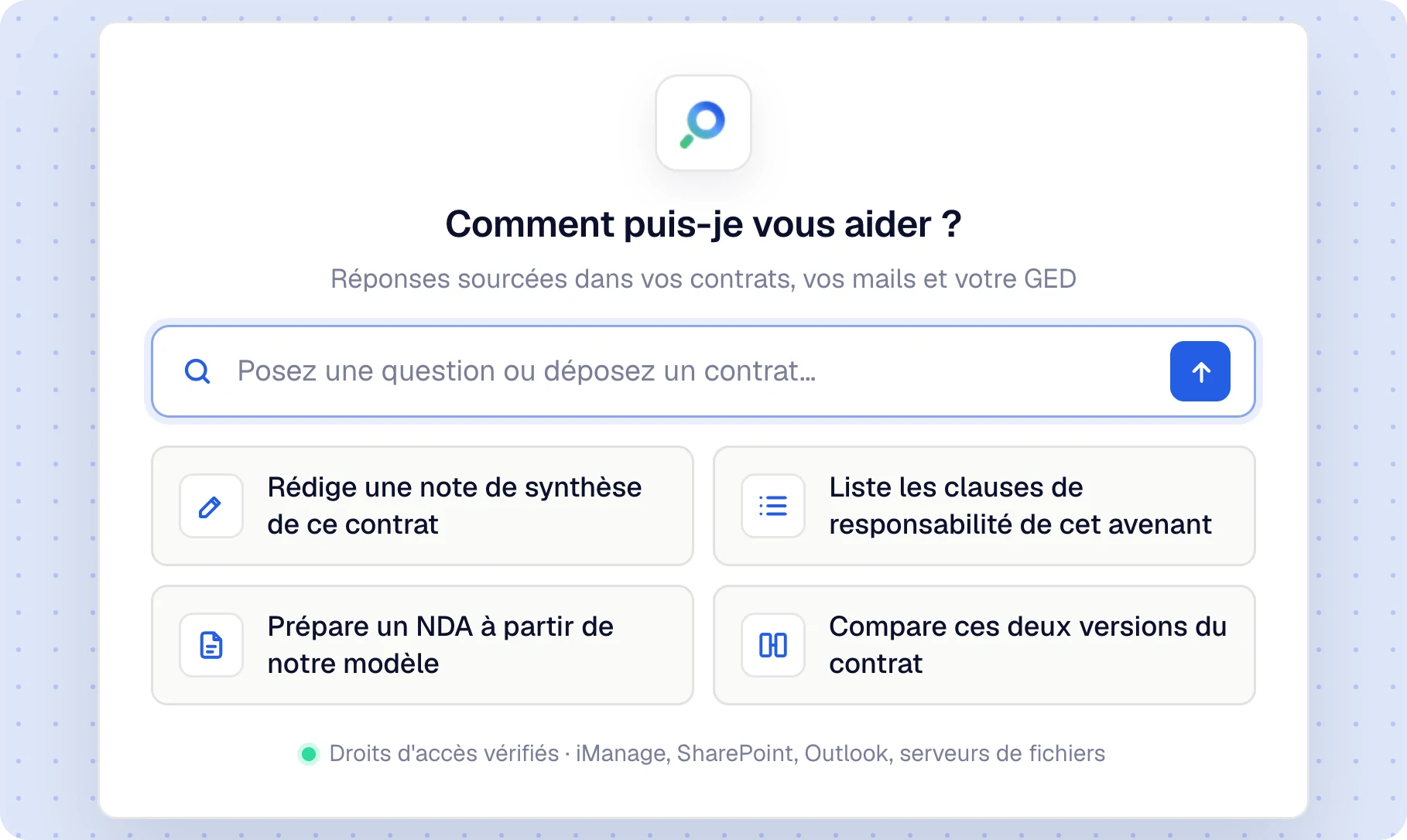 Outmind Assistant home screen with four legal suggestions: summary note, liability clauses, NDA, version comparison