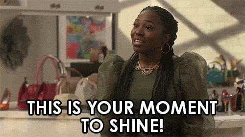 GIF of the character Harper, a character played by Laci Mosley, from the Paramount+ revival of the show iCarly. White text reads, "This is your moment to shine!"