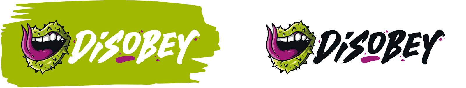 Image showing two versions of the iconic Disobey logo, showing green spiky lips smiling to show off its pearly white teeth, witha  pink split tongue curving towards the sky. On the left is the logo on a green paint stripe, with white text spelling out "Disobey". On the right is the logo on a white stripe, with black text next to it also spelling out "Disobey".
