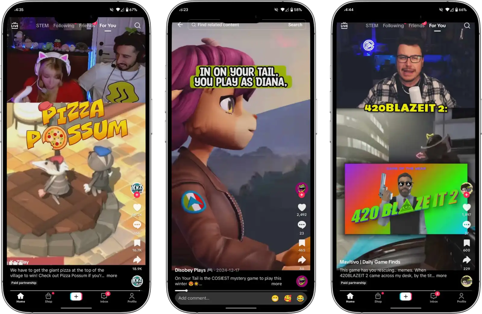 Image of 3 mobile phones with screenshot from Disobey's TikTok. The first phone features a screenshot from TikTok of KnZ Plays, promoting the game Pizza Possum. They’re a girlfriend & boyfriend streaming duo with their face cam taking up the top third of the screen, & the gameplay with the logo taking up the bottom third. The second phone features a screenshot from Disobey's TikTok of Diana, the main character from the game On Your Tail.The third phone features a screenshot from TikTok of Mavitivo, promoting the game 420BLAZEIT 2: GAME OF THE YEAR, with his face cam taking up the top third & the gameplay with the logo taking up the bottom third. 