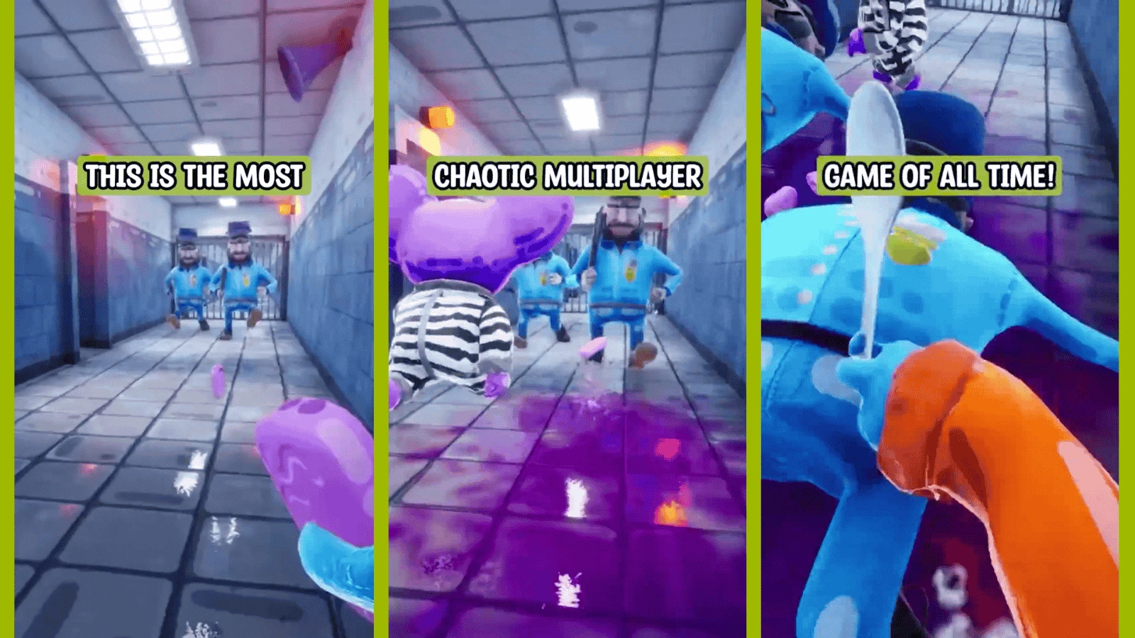 Image showing three screenshots from TikTok. Each screenshot shows gameplay from the game CUFFBUST, with the first image showing two police officers running towards the player with captions reading "This is the most", the second screenshot shows a purple alien in a prisoner's stripy jumpsuit running towards the police with captions reading "chaotic multiplayer", & the third image shows the player whacking a police officer on the floor with a spoon with captions reading "game of all time!".