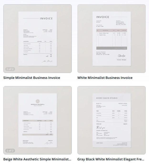 Image from Canva's Invoice Template page, where it's scrolling down through the various invoice templates that you can customise.