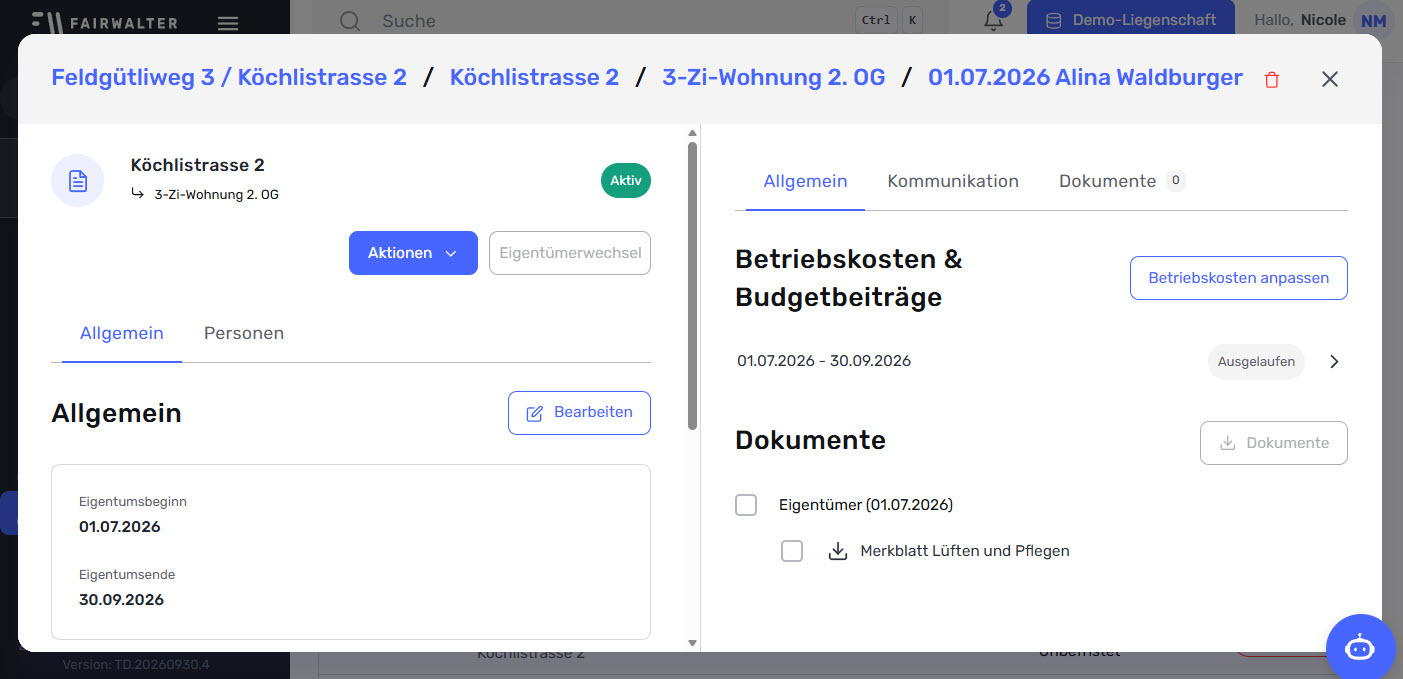 Eigentümer einer Wohnung in Fairwalter: Eigentumsbeginn und Eigentumsende, Betriebskosten und Budgetbeiträge sowie Dokumente