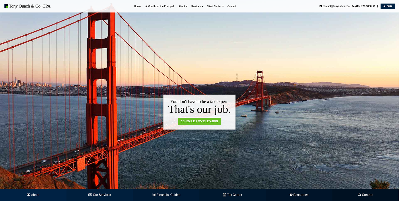 Tony Quach and Co. CPA website homepage featuring the Golden Gate Bridge at sunset with the tagline "You don't have to be a tax expert. That's our job."