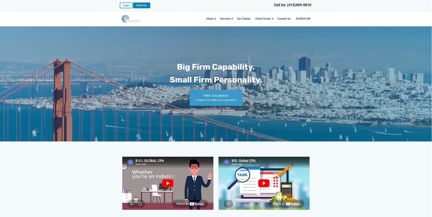  B.O.L. Global CPA website homepage featuring the Golden Gate Bridge and San Francisco skyline with the tagline "Big Firm Capability. Small Firm Personality."