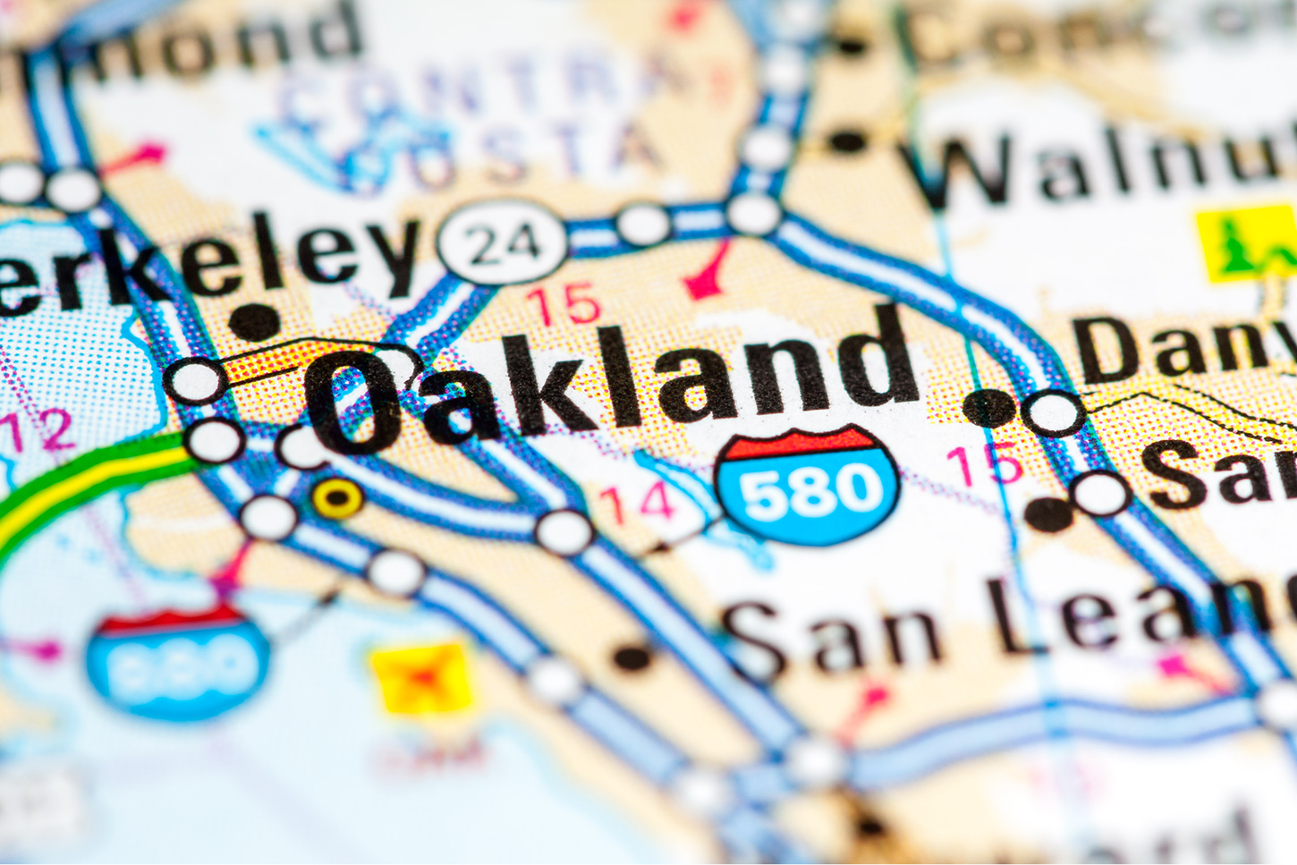 Close up of California with Oakland in focus
