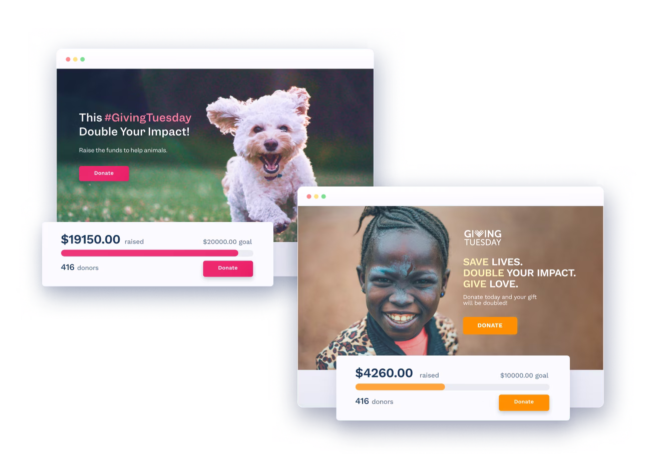 Two campaign pages with progress bars; one showing a fluffy white dog and the other showing a smiling Black child with paint on their face.