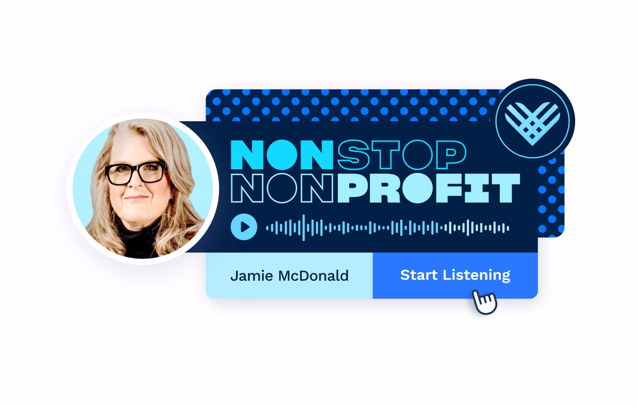Giving Tuesday podcast - A headshot of Jamie McDonald sits to the left of a Nonstop Nonprofit logo with a "Start Listening" button