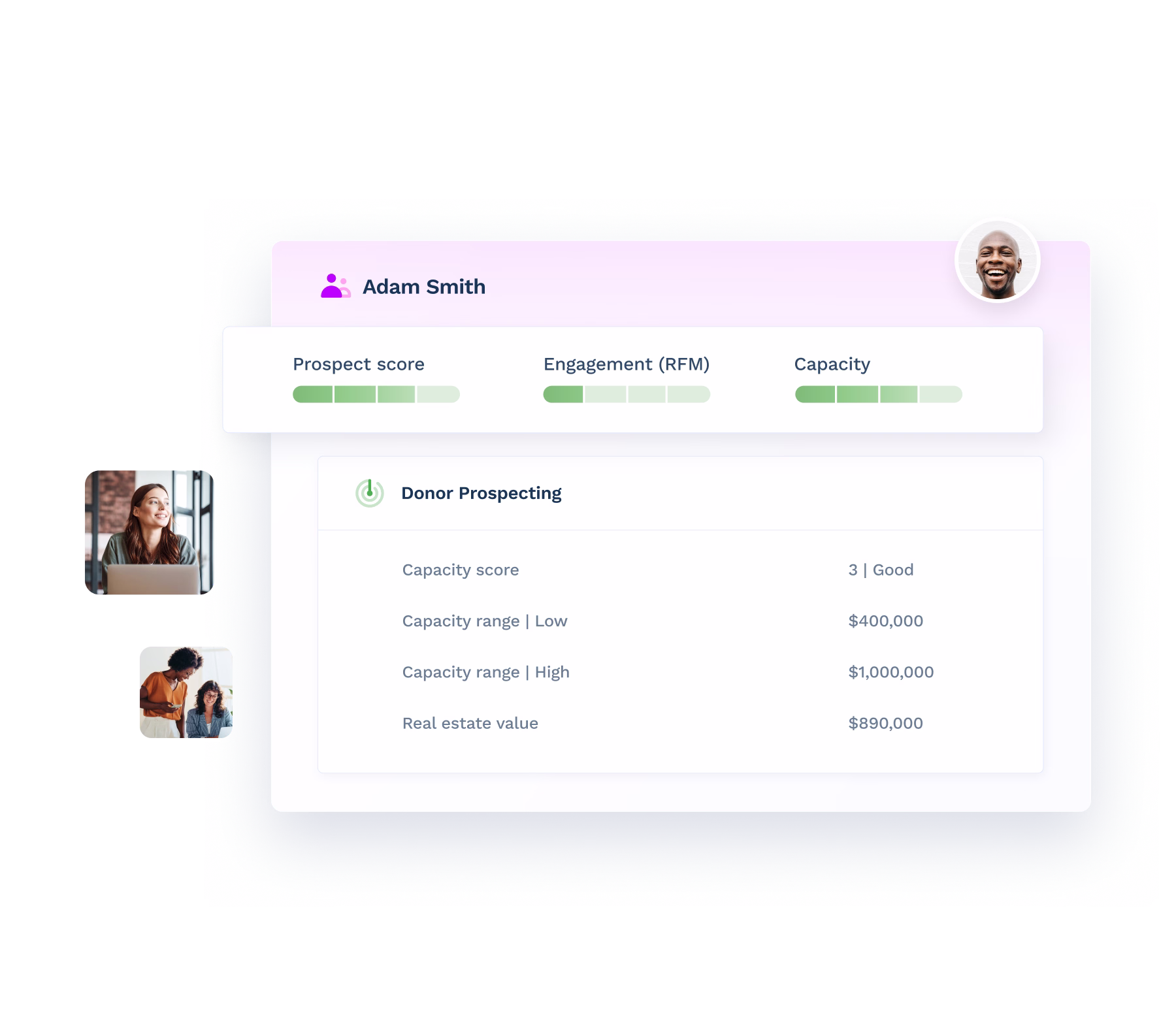 Nonprofit donor CRM software, screenshot showing a donor portfolio including donor names and donation details.