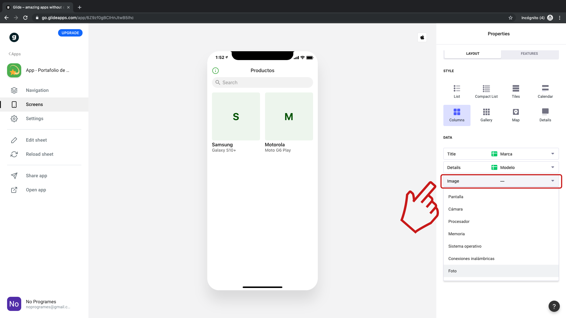 Cómo crear una aplicación de portafolio de productos para dispositivos móviles usando Glide - Paso 8