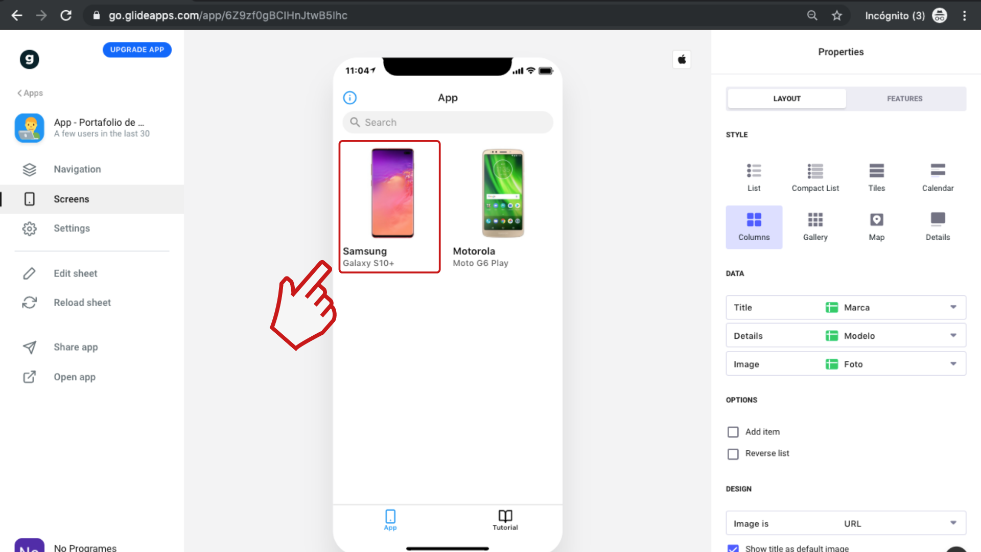 Cómo crear una aplicación de portafolio de productos para dispositivos móviles usando Glide - Paso 9